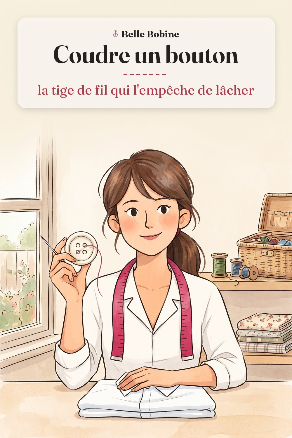 Colette montre un gros bouton à quatre trous traversé par une aiguille enfilée, une chemise pliée sur la table, avec le titre « Coudre un bouton : la tige de fil qui l'empêche de lâcher »
