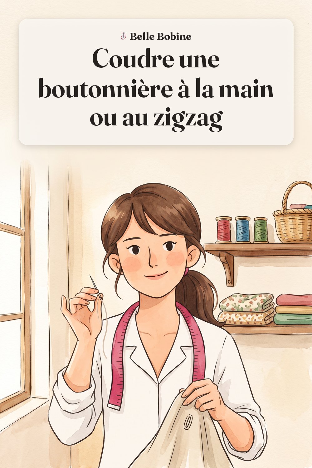 Colette tient une aiguille enfilée devant une fente de boutonnière, avec le titre « Coudre une boutonnière à la main ou au zigzag »