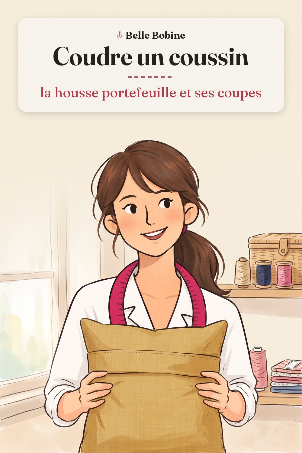 Colette tenant un coussin moutarde montré par son dos, les deux pans de la housse portefeuille qui se chevauchent, avec le titre « Coudre un coussin : la housse portefeuille et ses coupes »