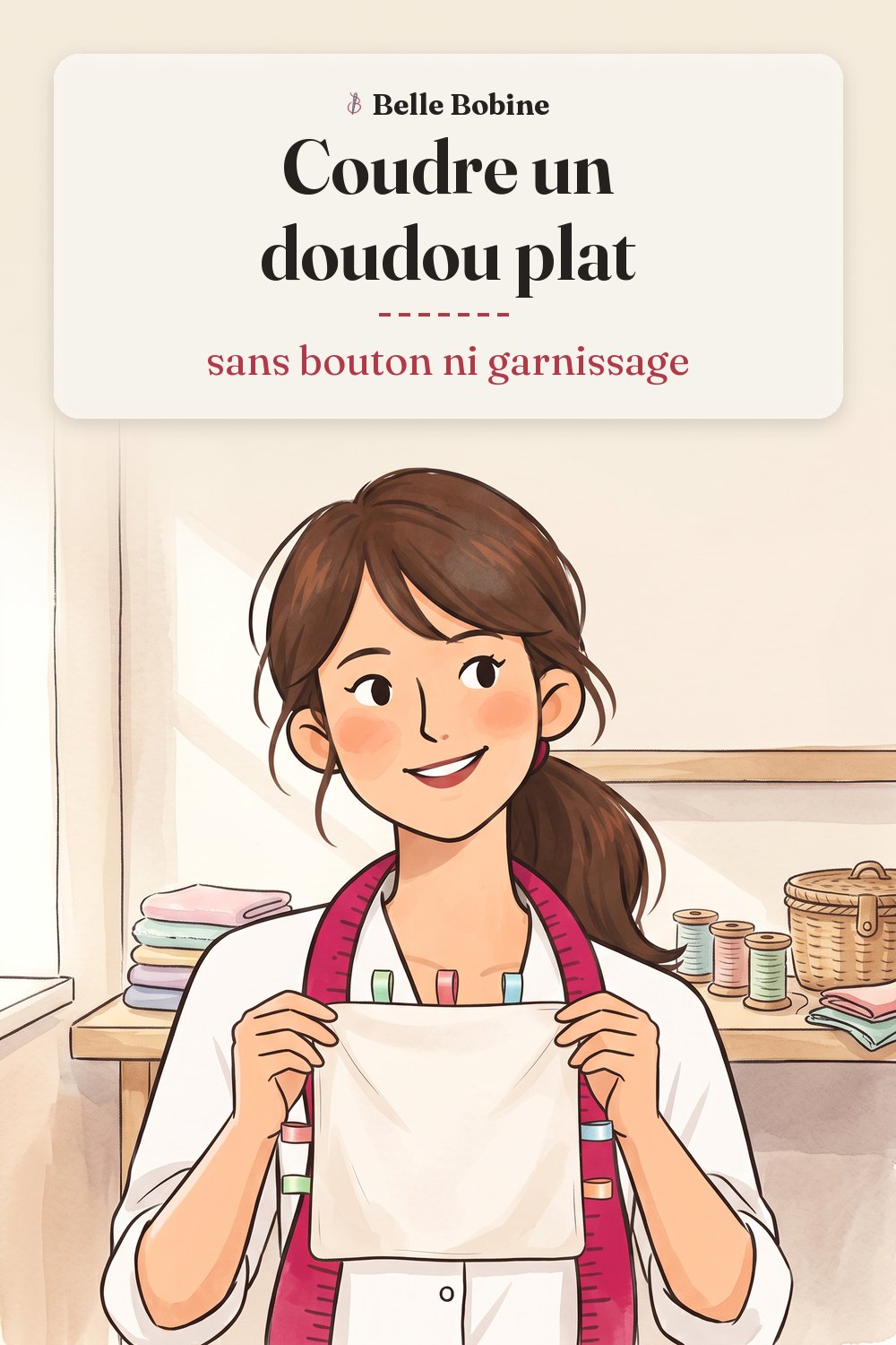 Colette montrant un doudou plat crème, des boucles de ruban sur trois de ses côtés, avec le titre « Coudre un doudou plat : sans bouton ni garnissage »