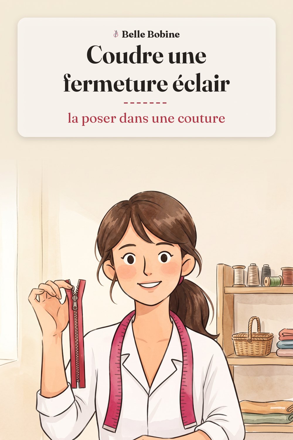 Colette assise à sa machine à coudre, une fermeture éclair fermée tenue dans une main, prête à la poser, avec le titre « Coudre une fermeture éclair : la poser dans une couture »