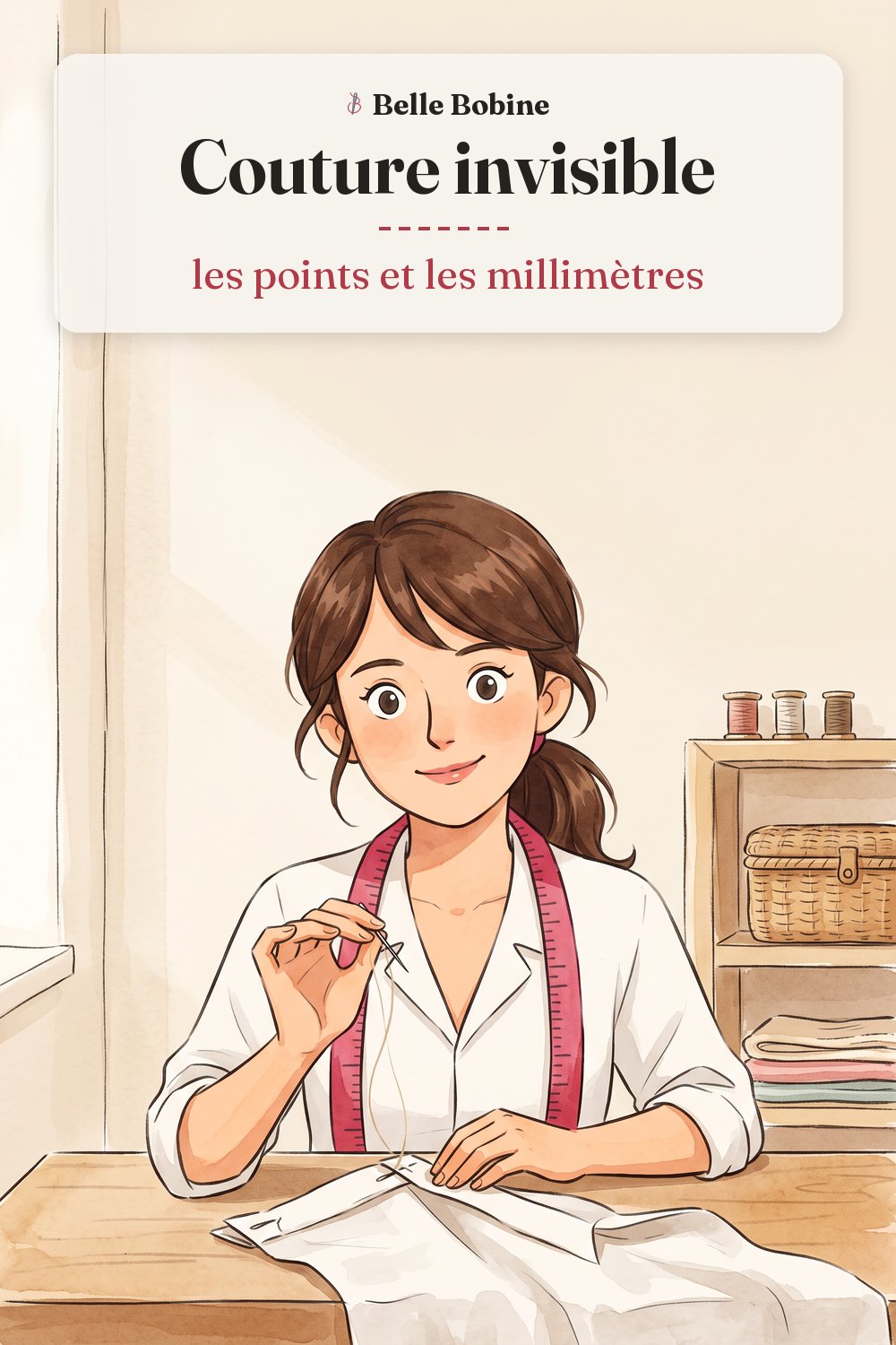 Colette pique une aiguille dans le pli d'un ourlet, point invisible, avec le titre « Couture invisible : les points et les millimètres »