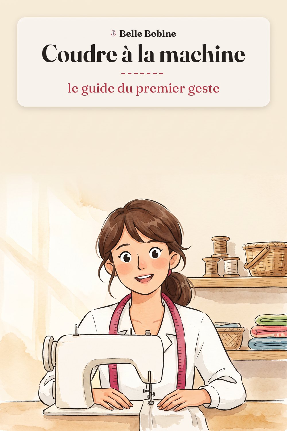 Colette guidant un tissu sous le pied presseur de sa machine à coudre, avec le titre « Coudre à la machine : le guide du premier geste »