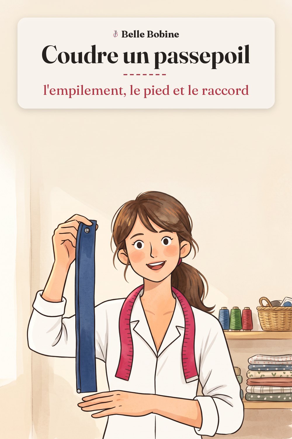 Colette tient un morceau de passepoil bleu marine, ruban plat bordé d'un cordon, avec le titre « Coudre un passepoil : l'empilement, le pied et le raccord »