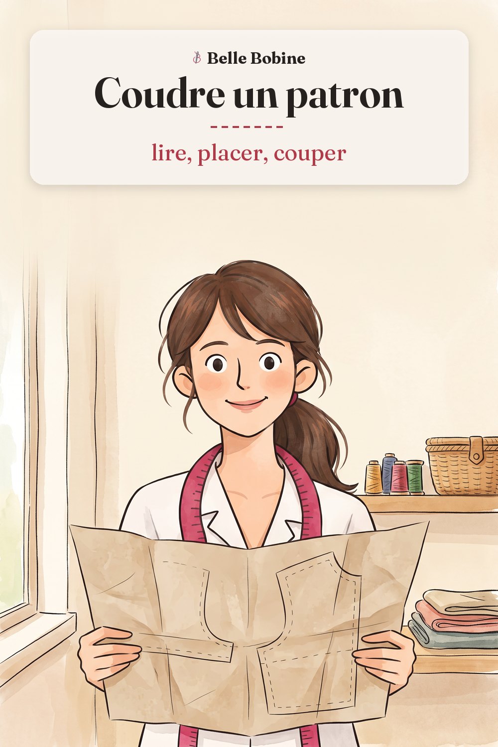 Colette tenant à deux mains une feuille de patron en papier kraft, avec le titre « Coudre un patron : lire, placer, couper »