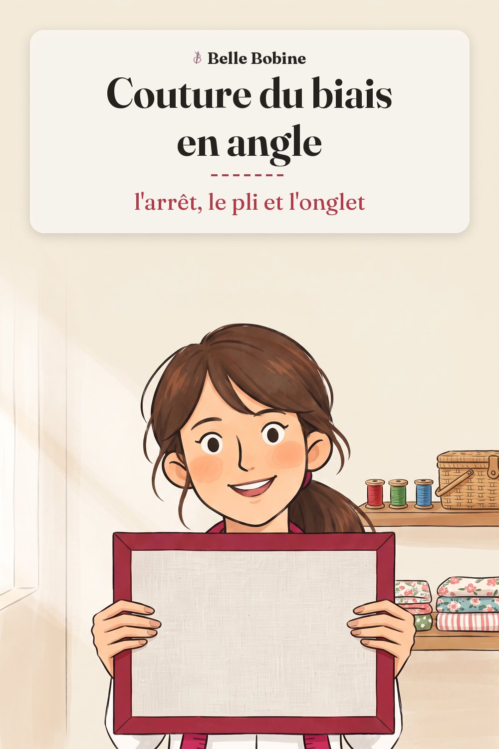 Colette tient un set de table en lin bordé de biais rouge, les quatre coins en onglet, avec le titre « Couture du biais en angle : l'arrêt, le pli et l'onglet »