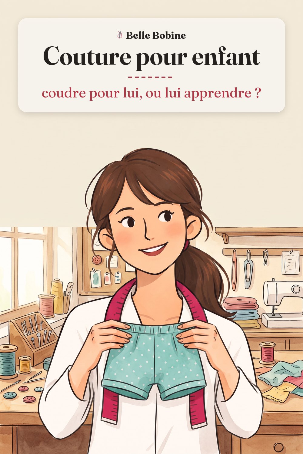 Colette tenant par sa ceinture élastique un petit short d'enfant vert d'eau à pois blancs, avec le titre « Couture pour enfant : coudre pour lui, ou lui apprendre ? »