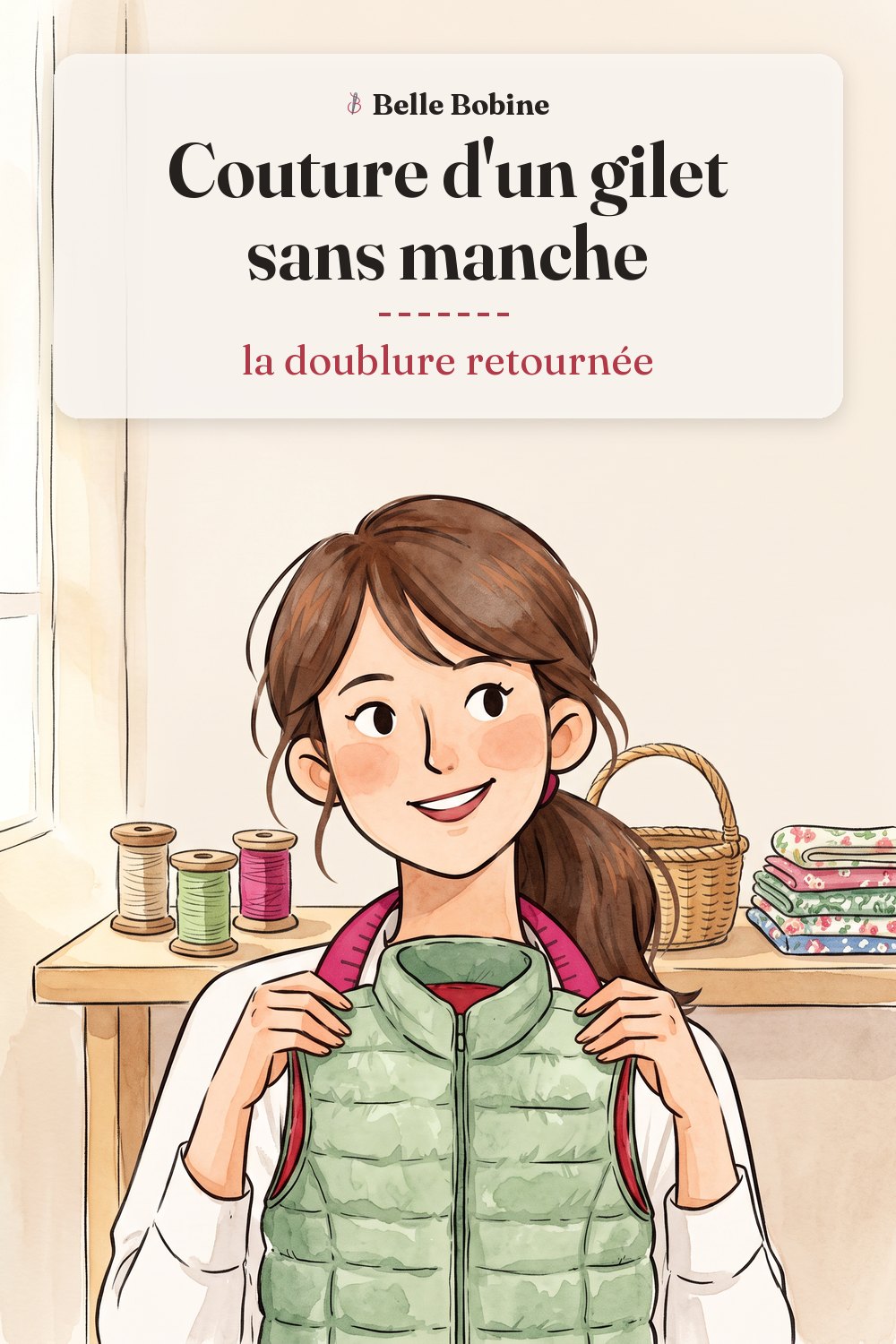 Colette tient par les épaules un gilet sans manches matelassé vert sauge, avec le titre « Couture d'un gilet sans manche : la doublure retournée »