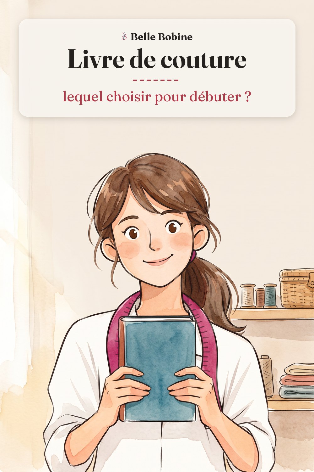 Colette tient un livre de couture fermé, couverture unie, avec le titre « Livre de couture : lequel choisir pour débuter ? »