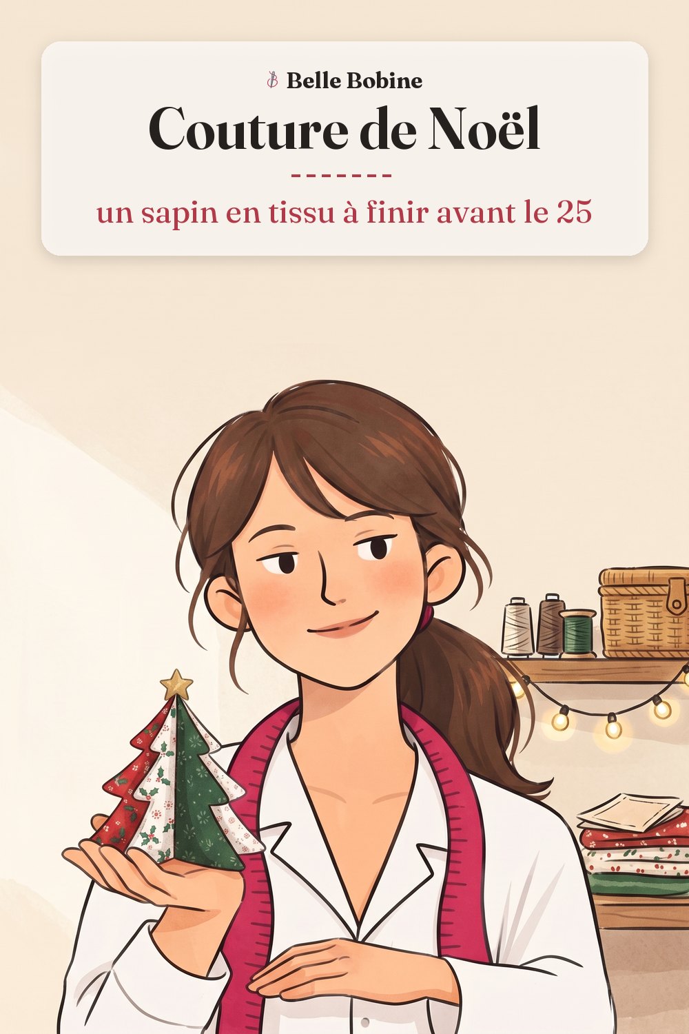 Colette tenant dans sa main un petit sapin de Noël en tissu rembourré, surmonté d'une étoile, avec le titre « Couture de Noël : un sapin en tissu à finir avant le 25 »