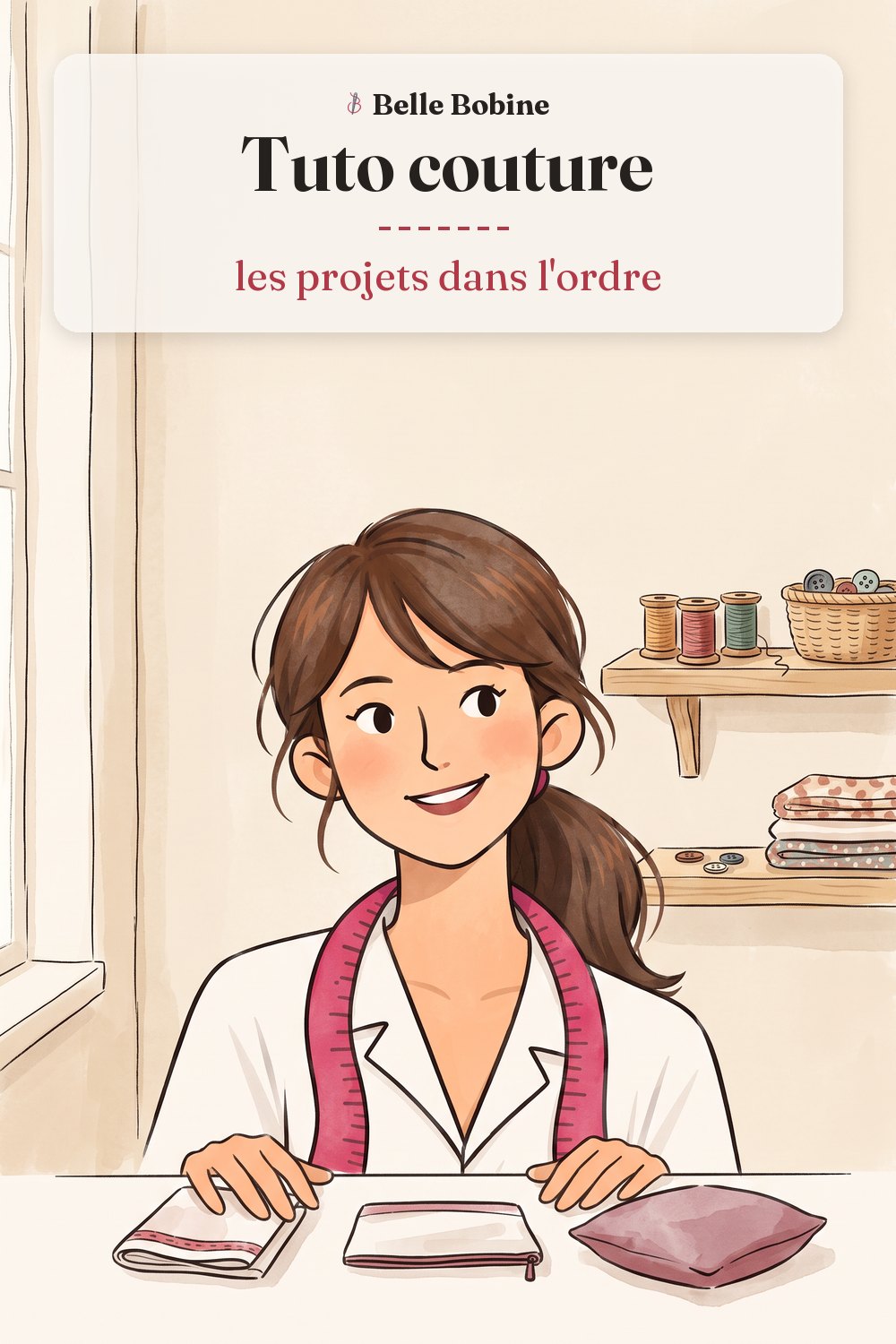 Colette derrière trois ouvrages alignés du plus simple au plus grand : torchon, pochette, coussin, avec le titre « Tuto couture : les projets dans l'ordre »
