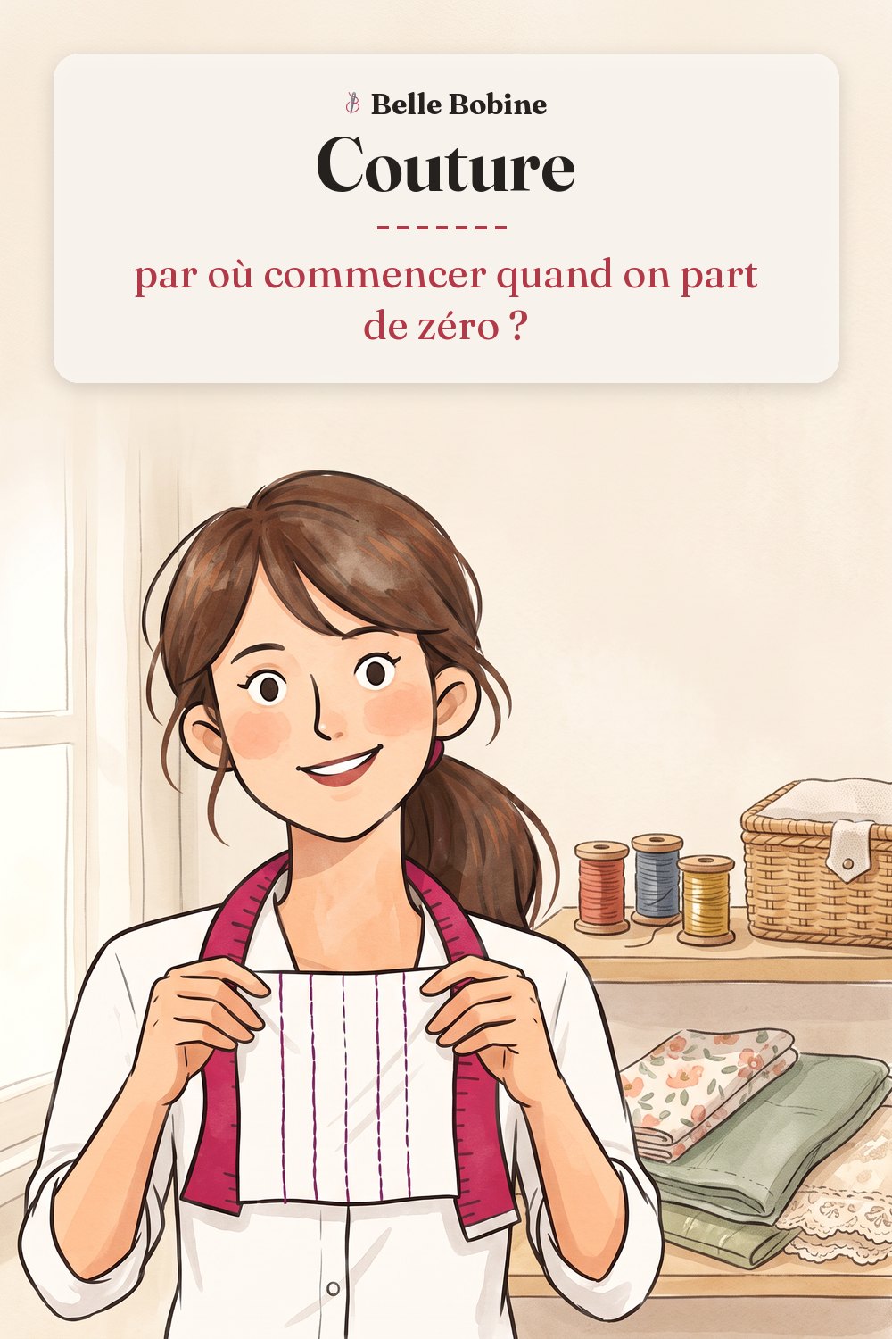 Colette montre un carré de coton où cinq lignes droites parallèles sont piquées en fil rouge, avec le titre « Couture : par où commencer quand on part de zéro ? »