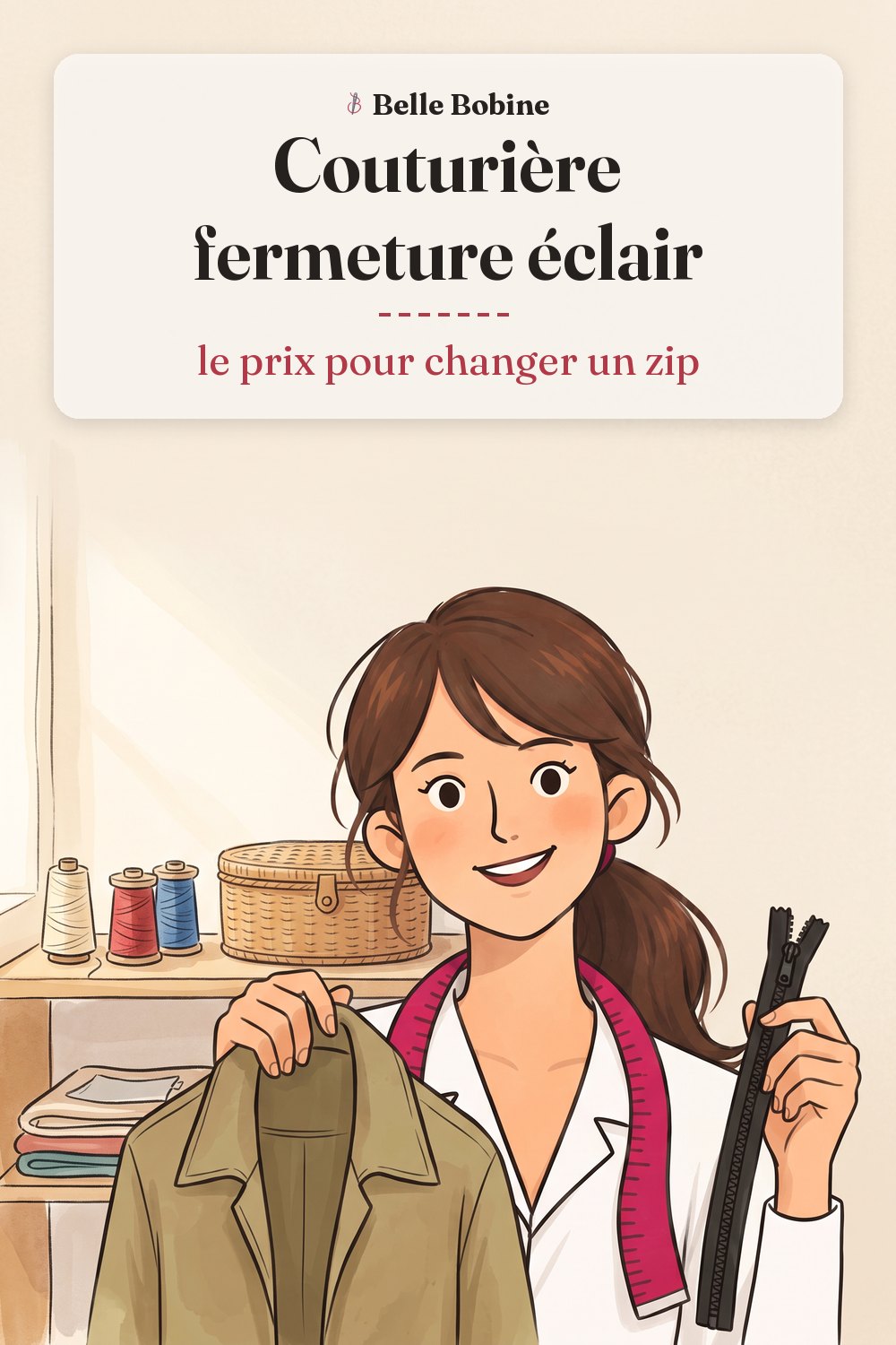 Colette tient un blouson kaki sans sa fermeture éclair et un zip neuf noir prêt à poser, avec le titre « Couturière fermeture éclair : le prix pour changer un zip »