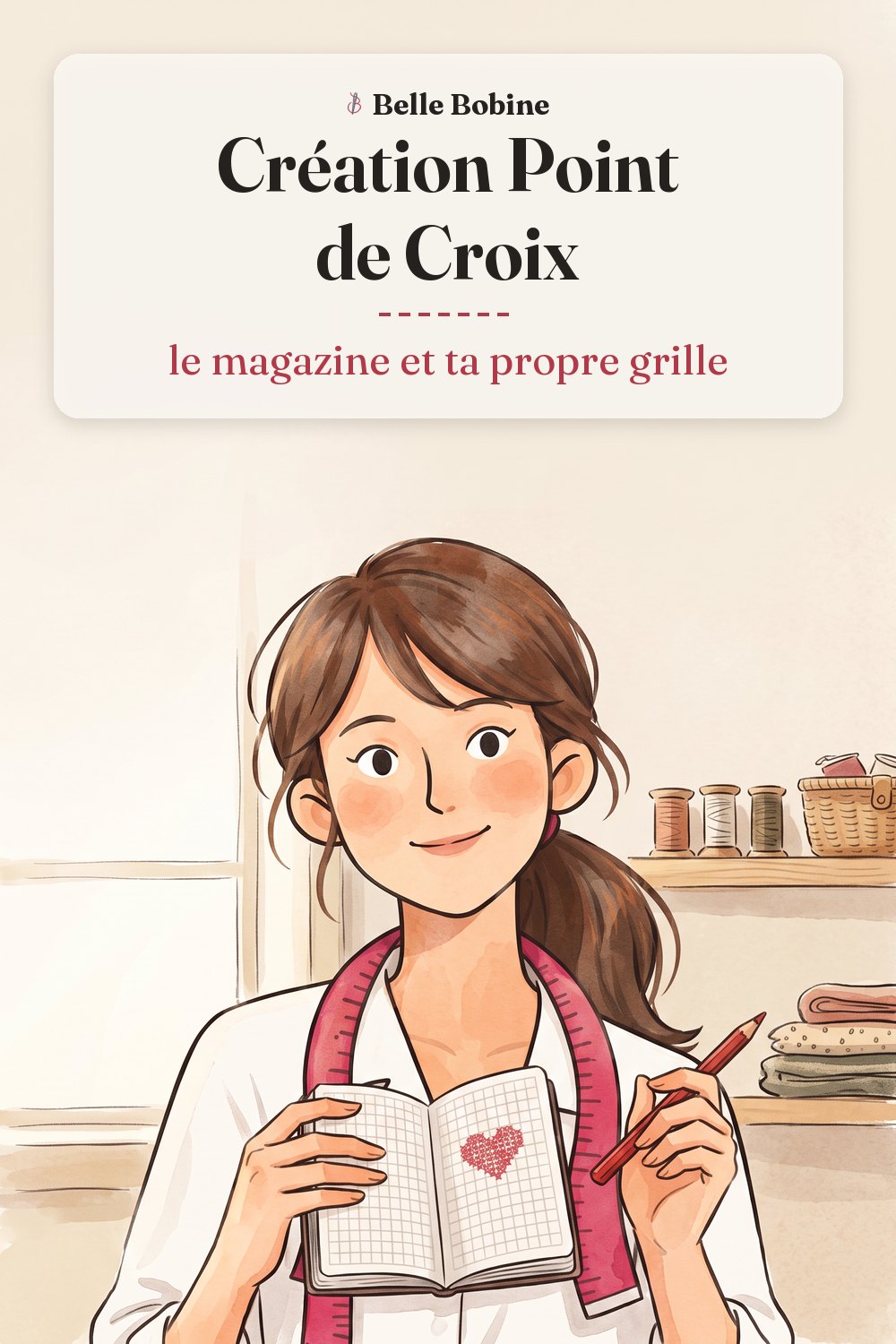 Colette tenant ouvert un carnet quadrillé où un cœur est dessiné en carreaux, un crayon rouge à la main, avec le titre « Création Point de Croix : le magazine et ta propre grille »