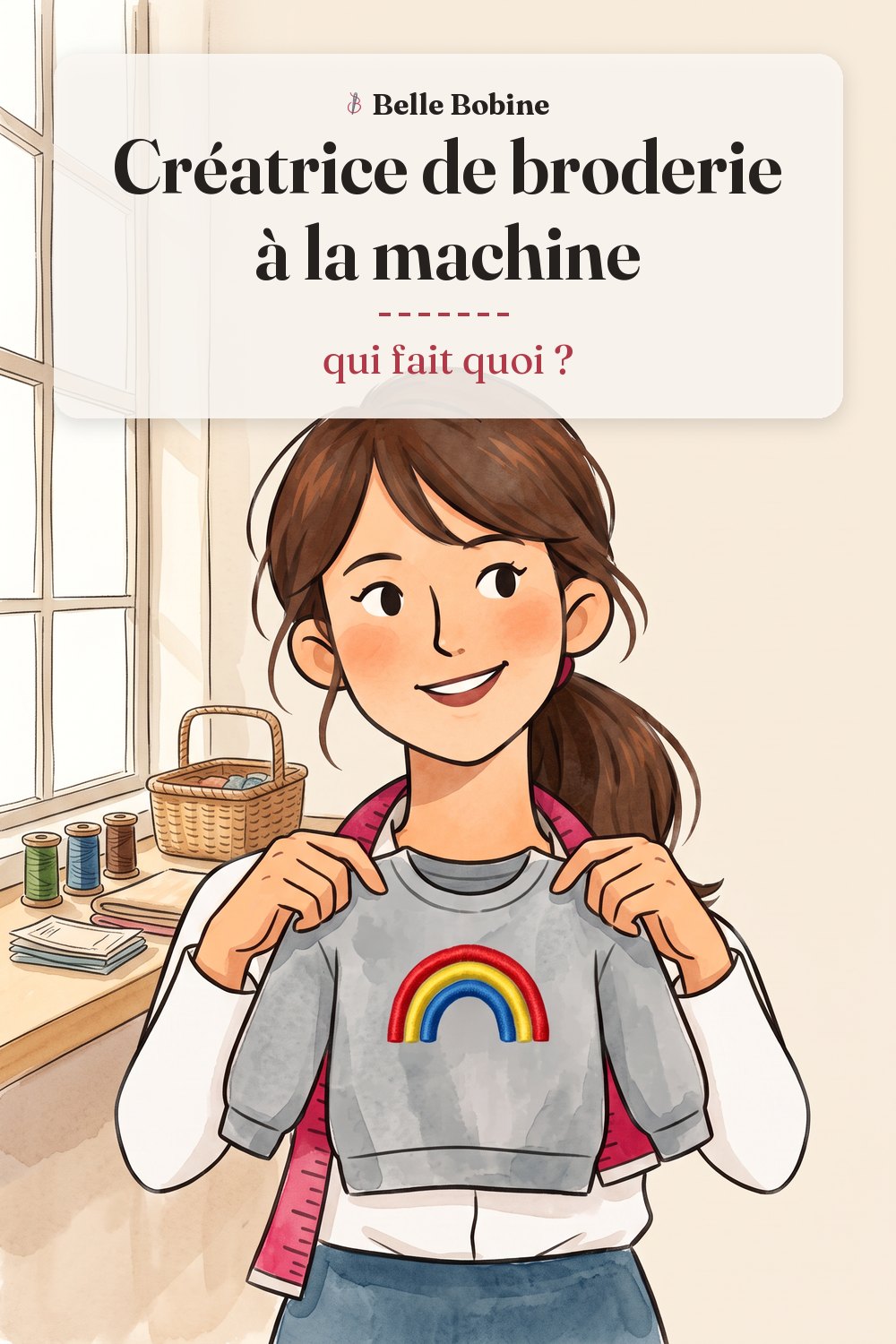 Colette tient un sweat d'enfant gris dont le devant porte un arc-en-ciel brodé à la machine, avec le titre « Créatrice de broderie à la machine : qui fait quoi ? »