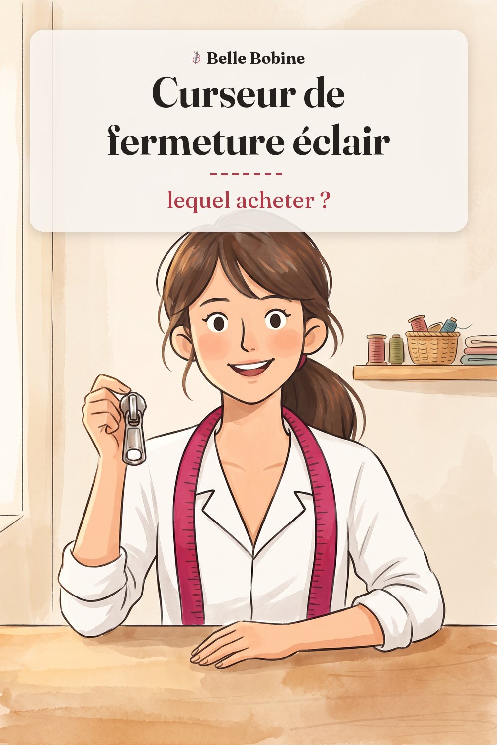 Colette tient un curseur métallique de fermeture éclair détaché, avec le titre « Curseur de fermeture éclair : lequel acheter ? »