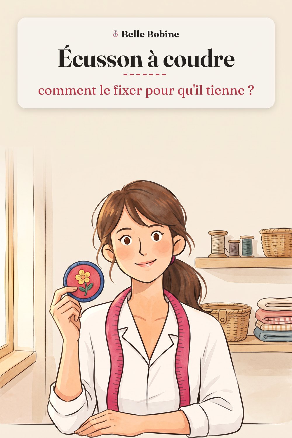 Colette montrant un écusson brodé rond à bordure bleue, une veste en jean posée devant elle, avec le titre « Écusson à coudre : comment le fixer pour qu'il tienne ? »