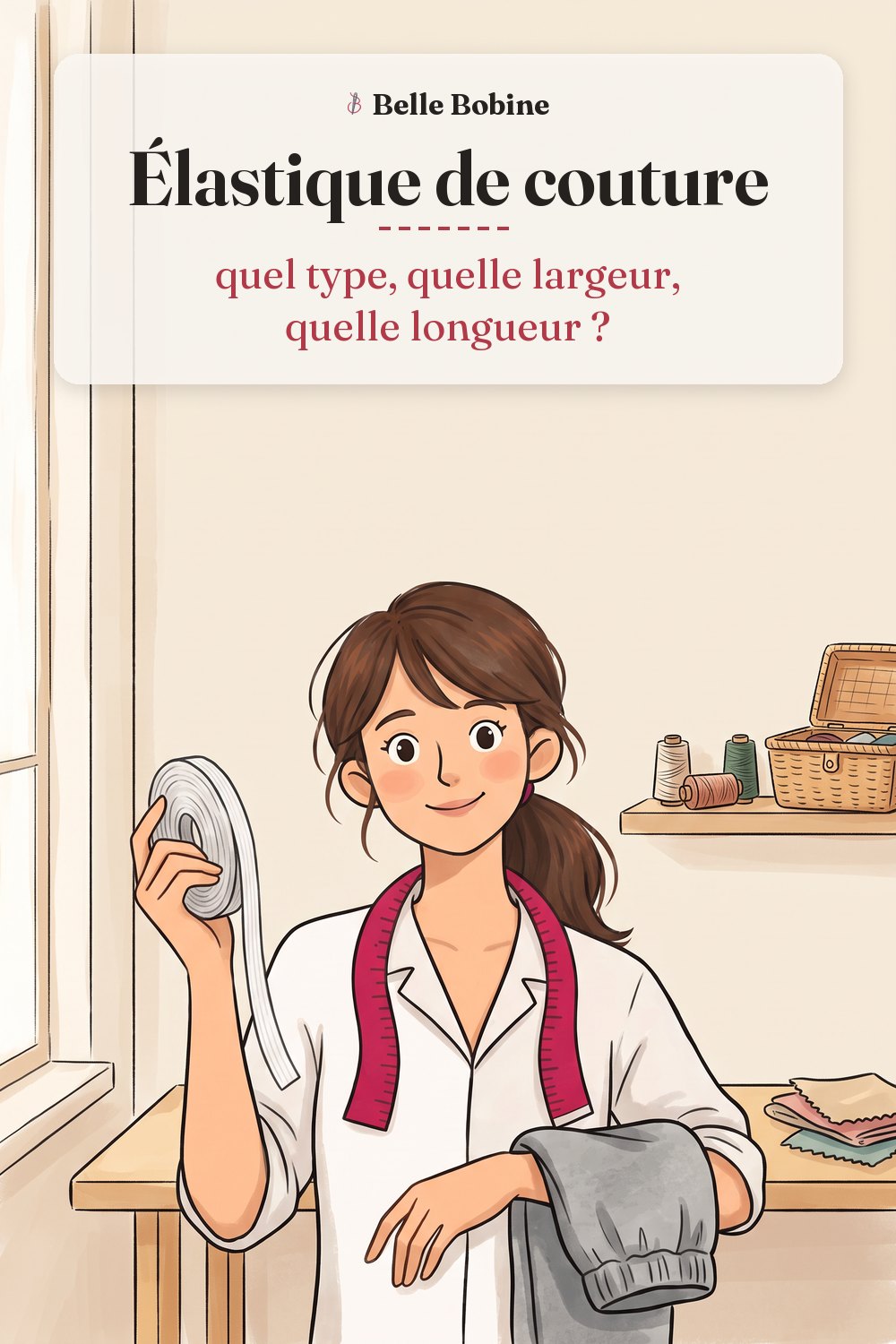 Colette tient un rouleau d'élastique plat blanc et un bas de jogging gris plié sur son bras, avec le titre « Élastique de couture : quel type, quelle largeur, quelle longueur ? »