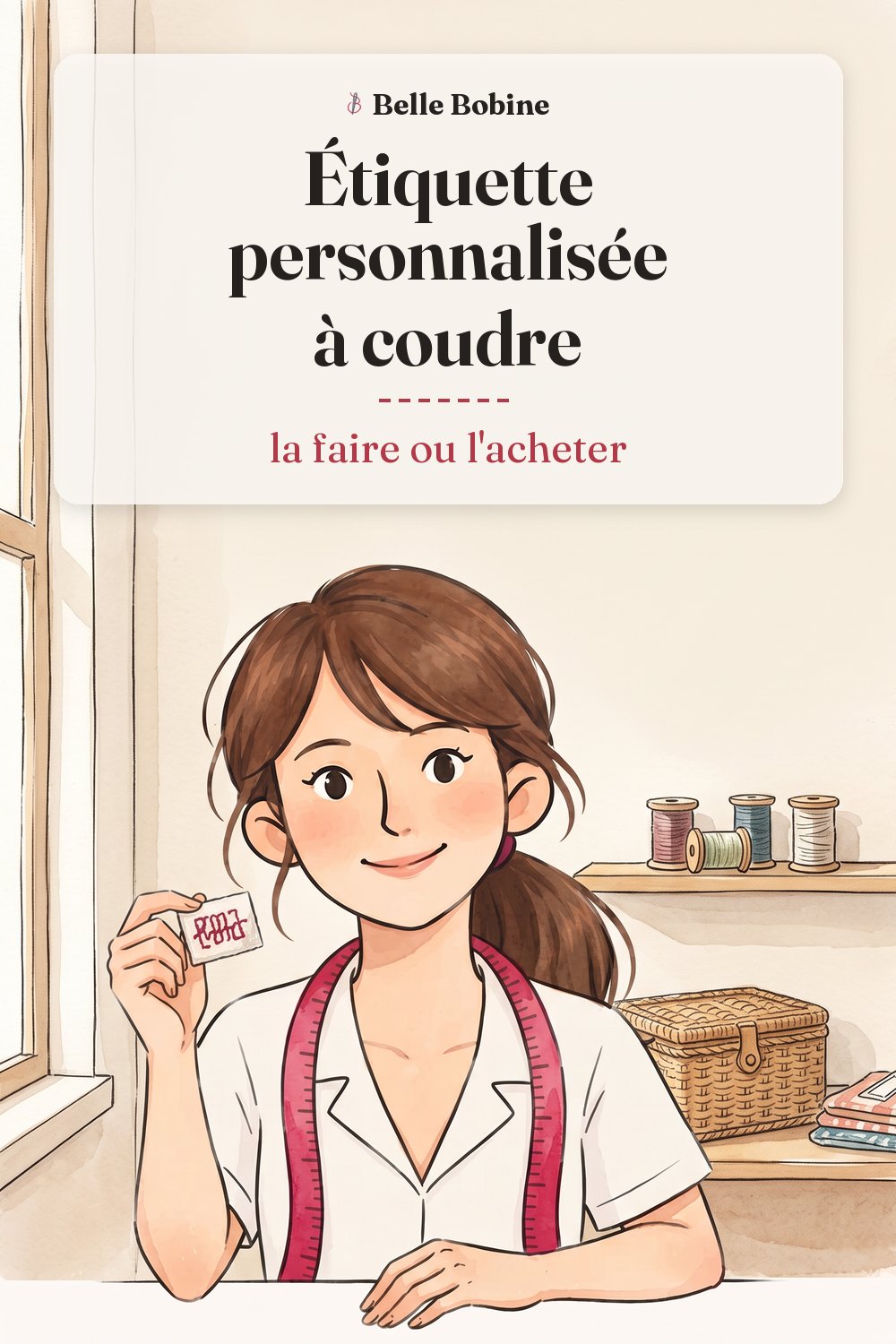 Colette tient une étiquette de tissu brodée à la main, avec le titre « Étiquette personnalisée à coudre : la faire ou l'acheter »