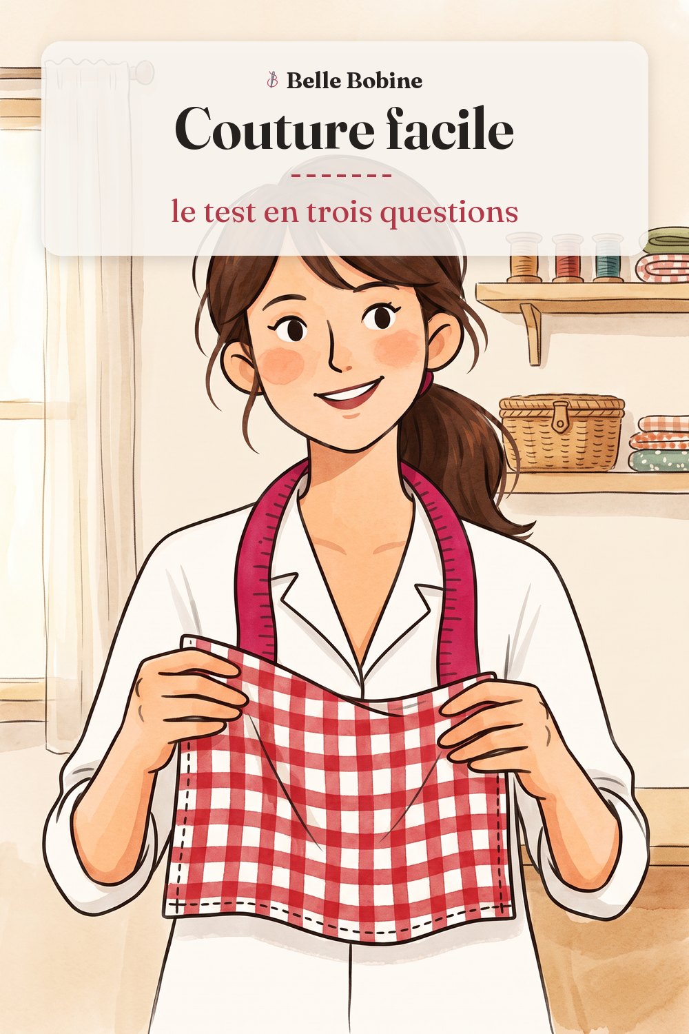 Colette tient déplié un torchon à carreaux rouges et blancs aux bords ourlés, avec le titre « Couture facile : le test en trois questions »