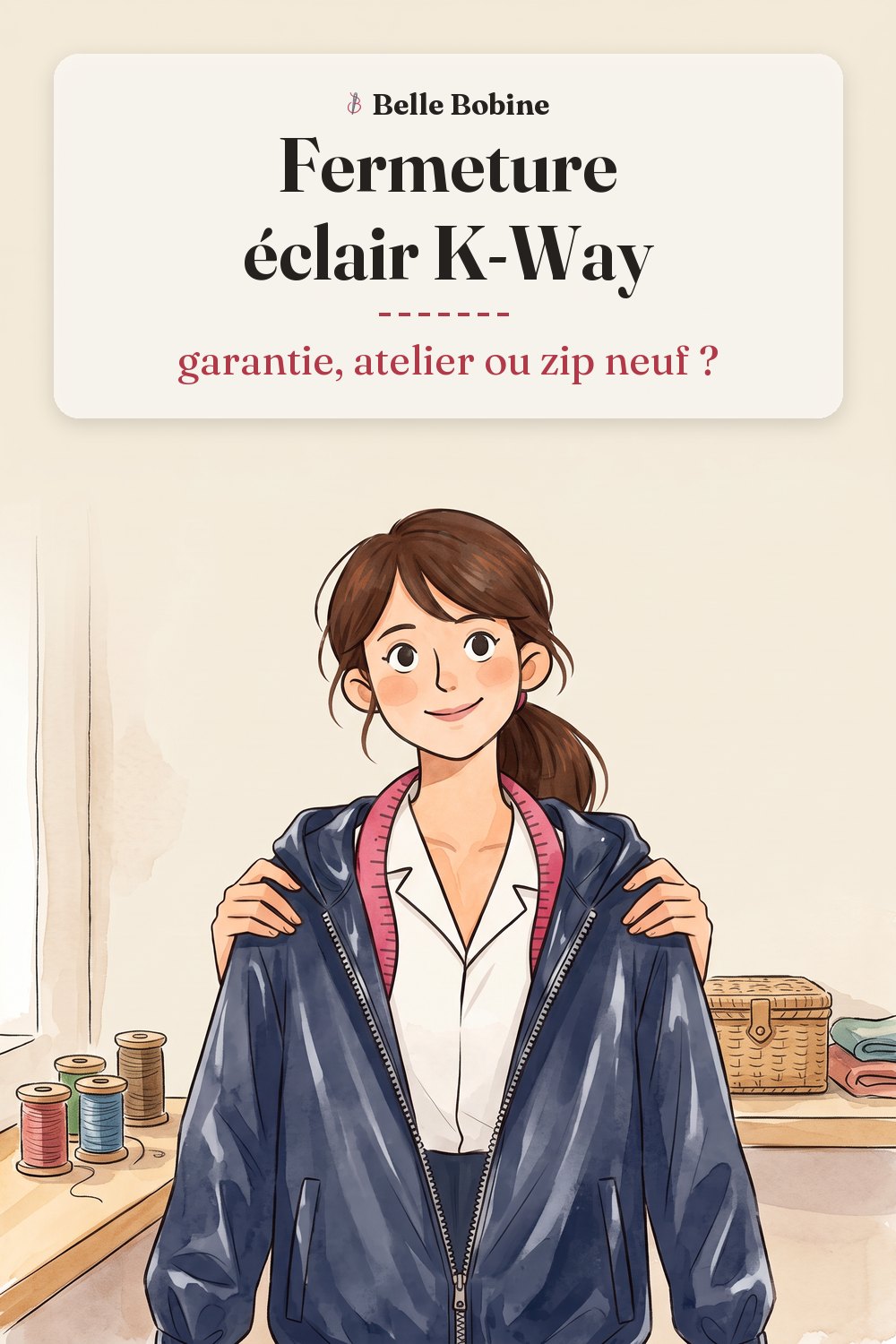 Colette présente un coupe-vent bleu marine ouvert sur sa fermeture éclair séparable, avec le titre « Fermeture éclair K-Way : garantie, atelier ou zip neuf ? »