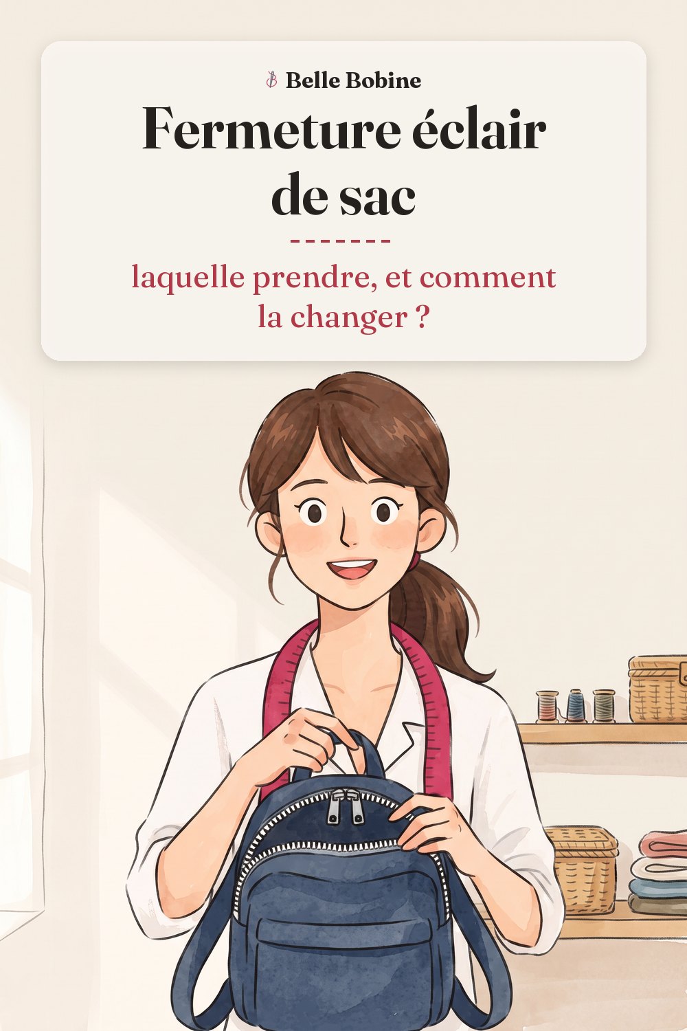 Colette tenant par sa poignée un sac à dos bleu marine, sa grosse fermeture éclair à deux curseurs entrouverte, avec le titre « Fermeture éclair de sac : laquelle prendre, et comment la changer ? »