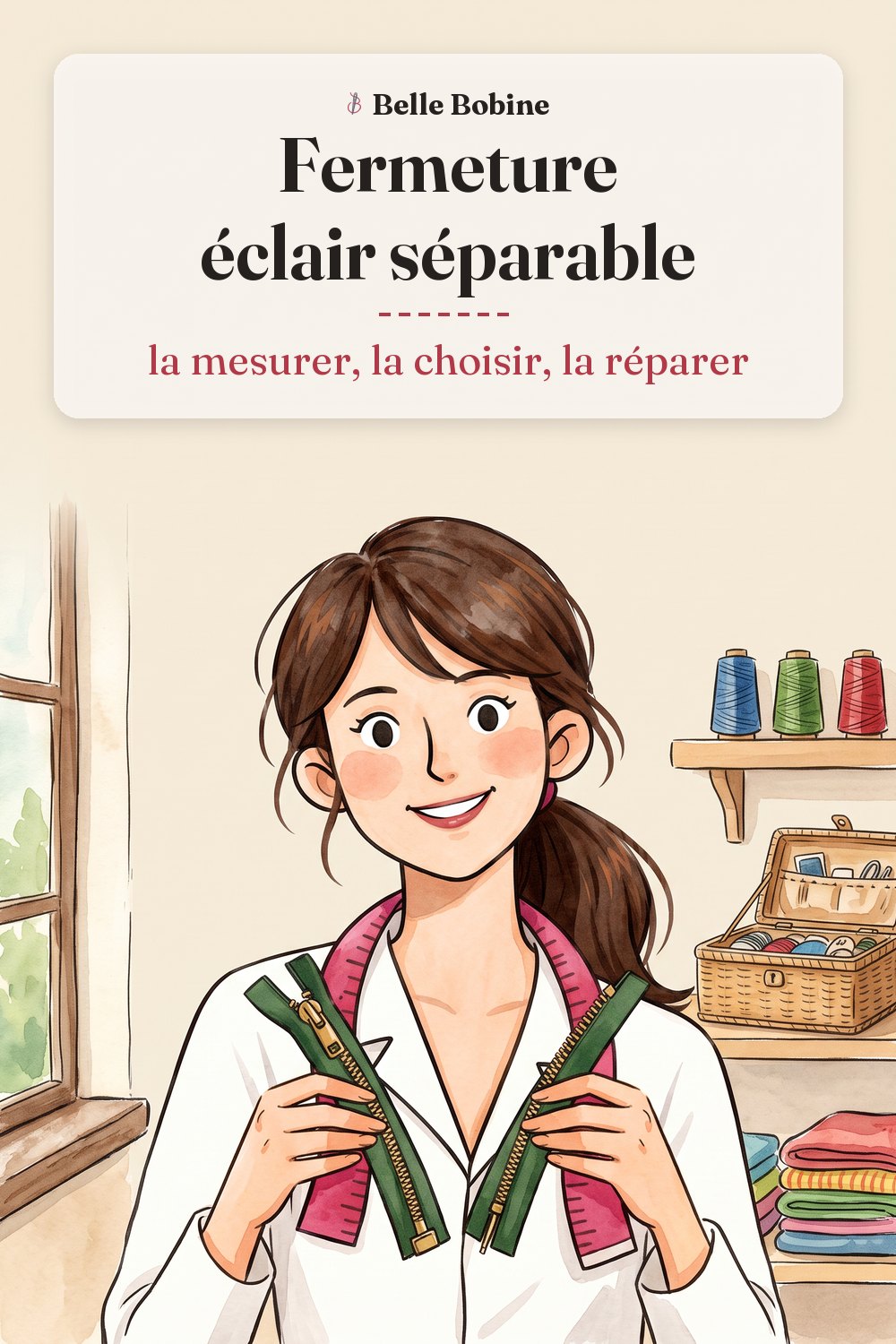 Colette tient les deux moitiés d'une fermeture éclair séparable, le boîtier d'un côté et la goupille de l'autre, avec le titre « Fermeture éclair séparable : la mesurer, la choisir, la réparer »