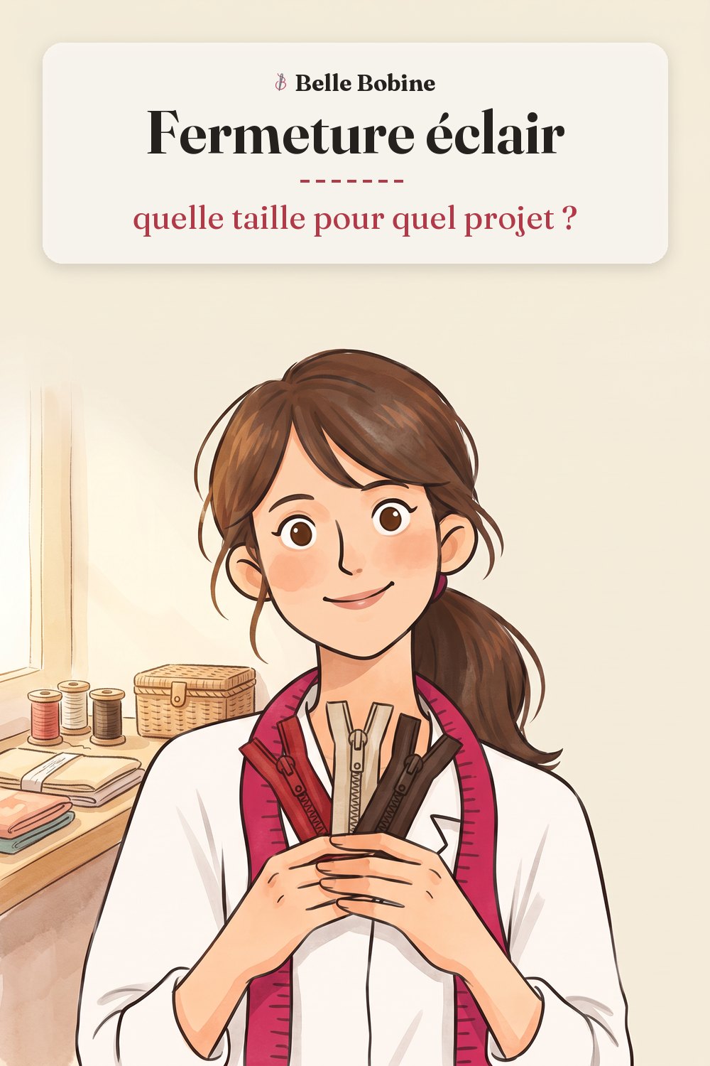 Colette tient trois fermetures éclair de couleurs différentes en éventail, avec le titre « Fermeture éclair : quelle taille pour quel projet ? »