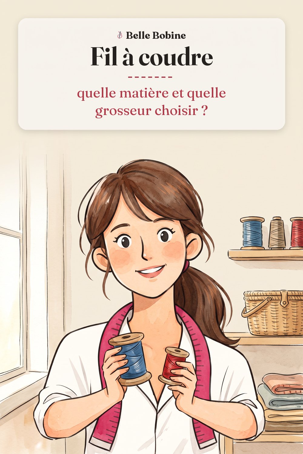 Colette tient deux bobines de fil à coudre, une bleu jean et une rouge, avec le titre « Fil à coudre : quelle matière et quelle grosseur choisir ? »