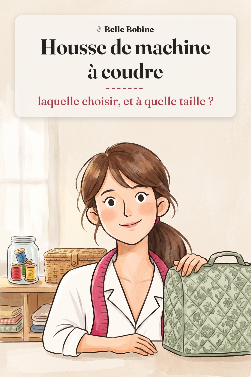Colette pose la main sur une machine à coudre couverte d'une housse matelassée fleurie vert sauge, avec le titre « Housse de machine à coudre : laquelle choisir, et à quelle taille ? »