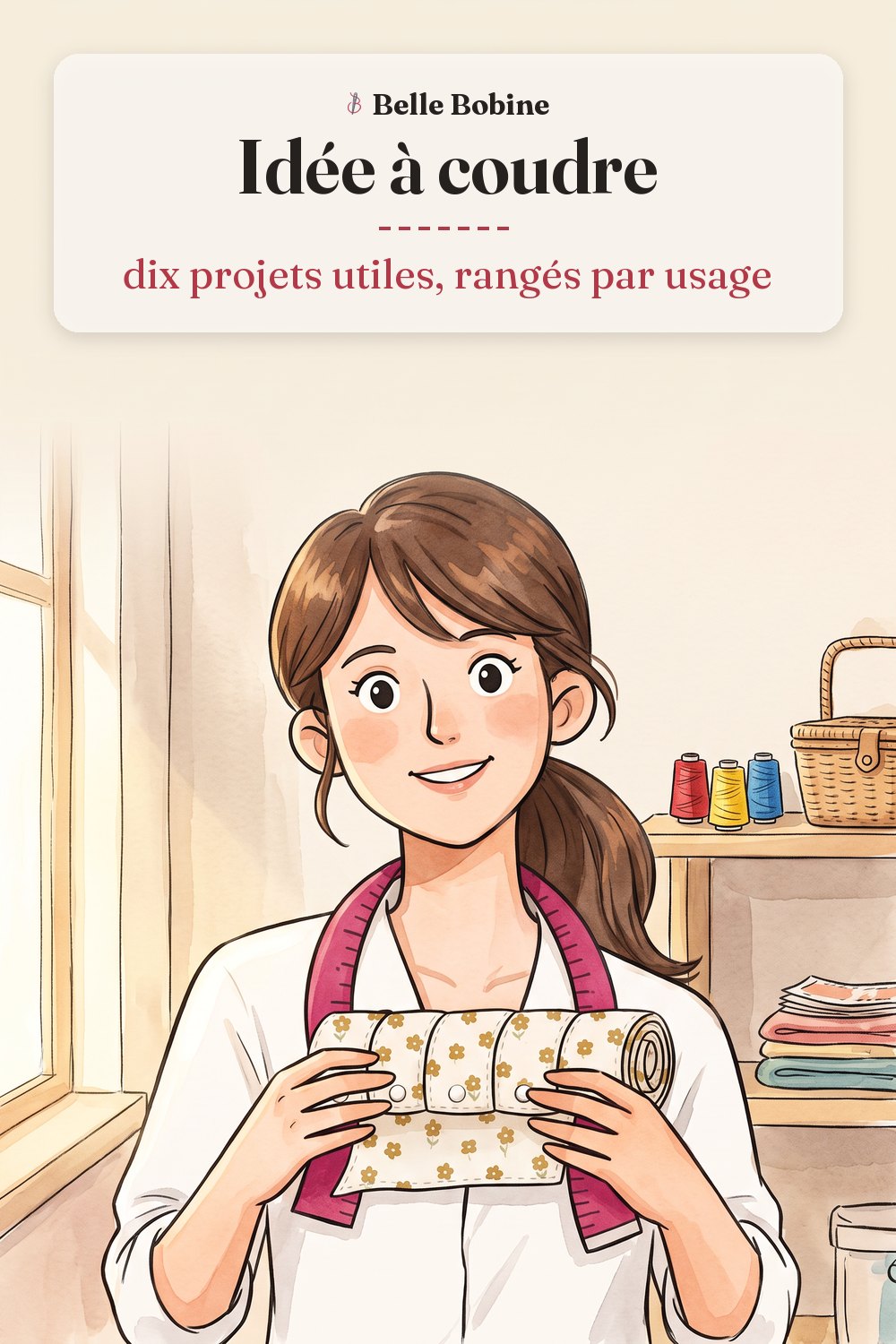 Colette tient un rouleau d'essuie-tout lavable en coton fleuri, carrés reliés par des pressions, avec le titre « Idée à coudre : dix projets utiles, rangés par usage »
