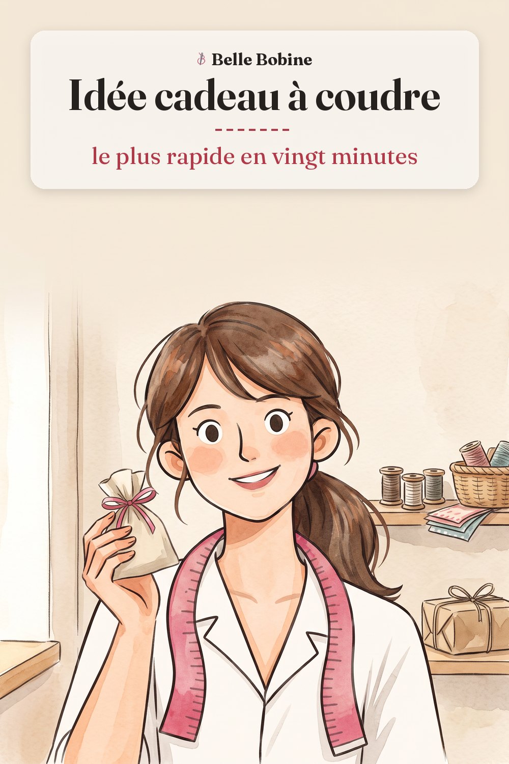 Colette tenant un petit sachet en tissu fermé par un ruban, avec le titre « Idée cadeau à coudre : le plus rapide en vingt minutes »