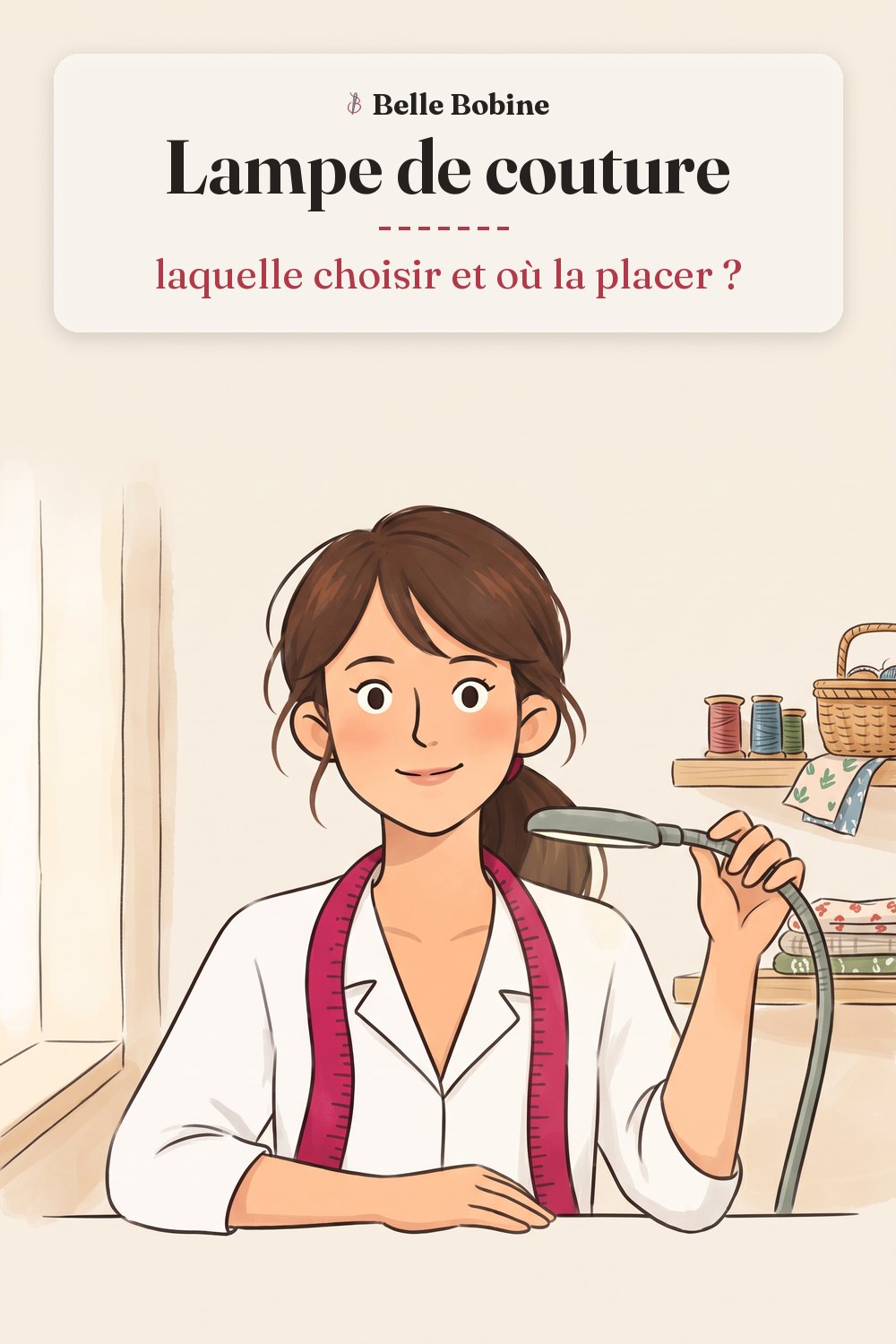 Colette assise à sa table oriente une lampe à col de cygne vert sauge, avec le titre « Lampe de couture : laquelle choisir et où la placer ? »