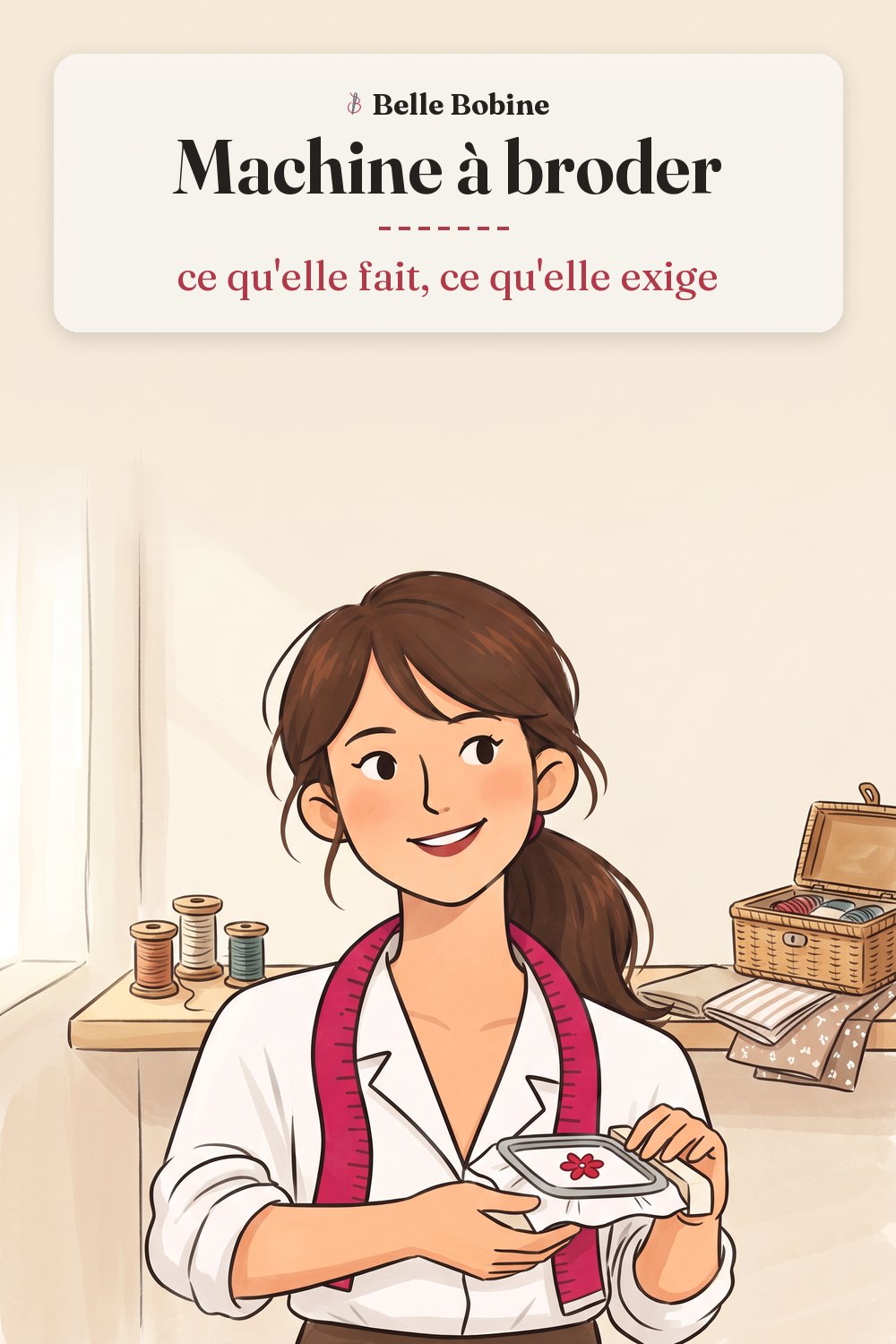 Colette à côté d'une machine à broder dont le cadre rectangulaire tend un tissu brodé d'une fleur rouge, avec le titre « Machine à broder : ce qu'elle fait, ce qu'elle exige »