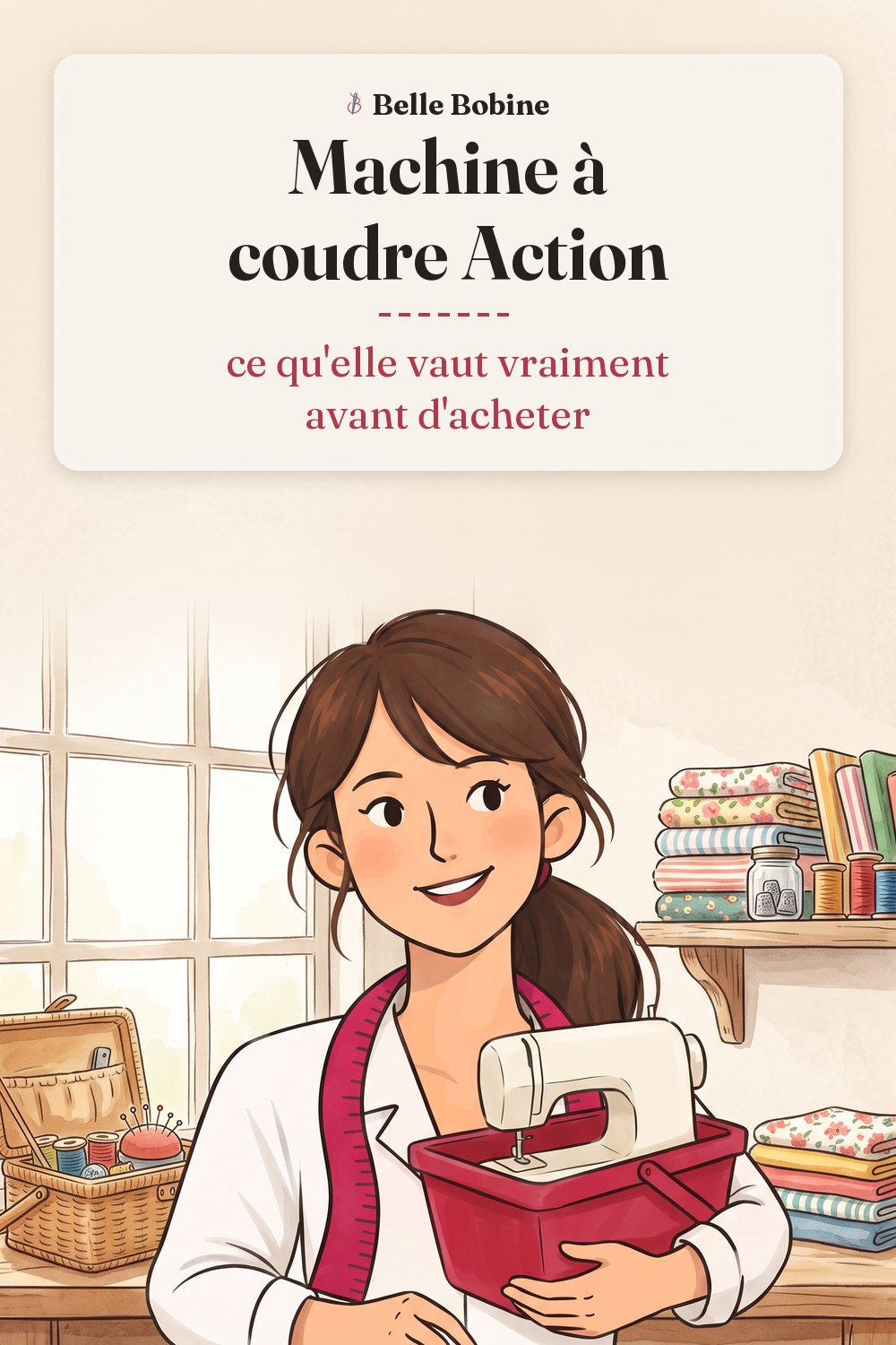 Colette tient un panier de courses rouge contenant une petite machine à coudre, avec le titre « Machine à coudre Action : ce qu'elle vaut vraiment avant d'acheter »