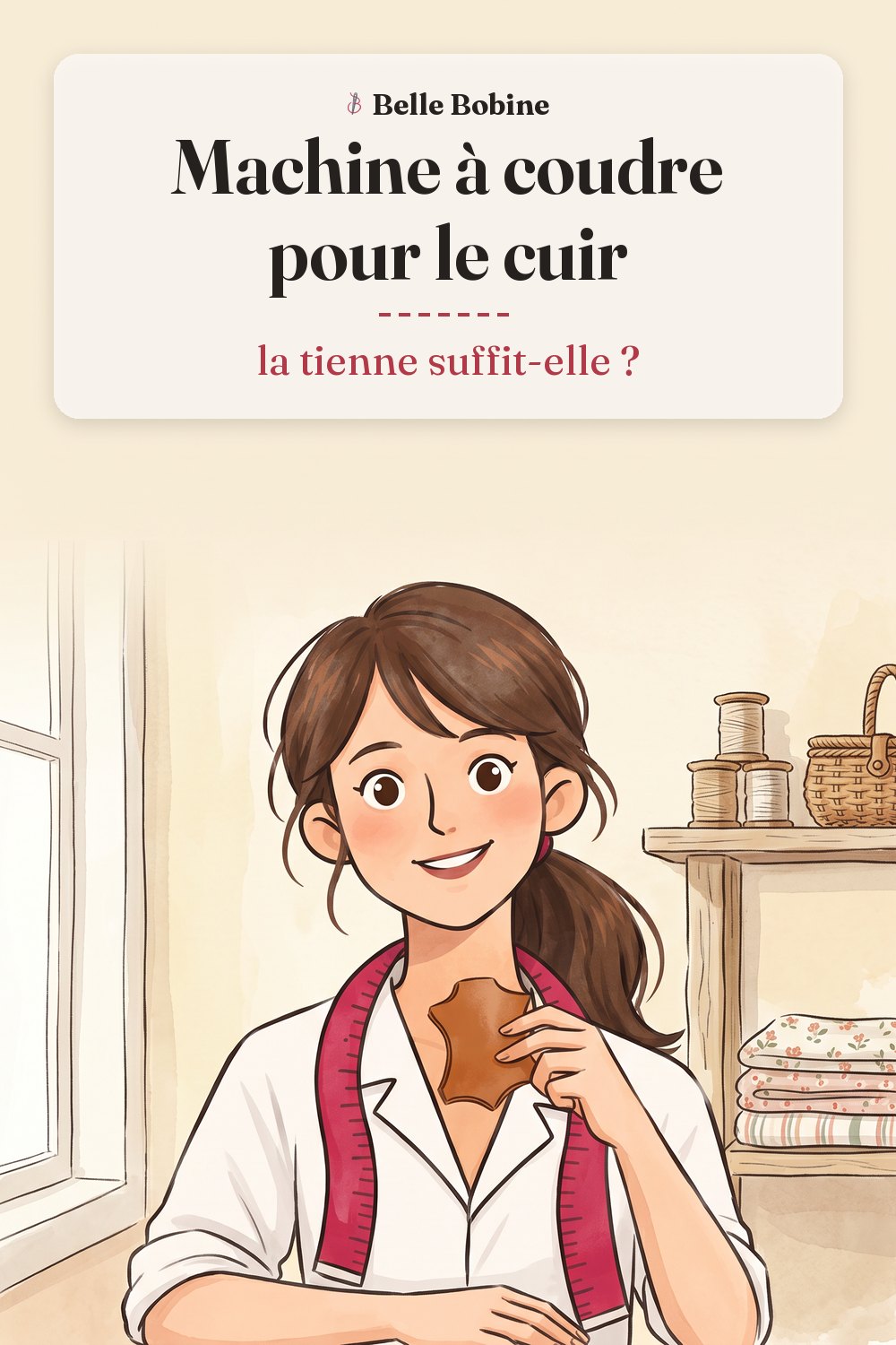 Colette assise à une table, un morceau de cuir souple brun à la main, un étui d'aiguilles posé devant elle, avec le titre « Machine à coudre pour le cuir : la tienne suffit-elle ? »