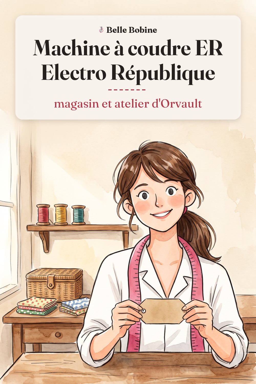 Colette derrière un comptoir d'atelier de réparation, une machine à coudre posée dessus, avec le titre « Machine à coudre ER Electro République : magasin et atelier d'Orvault »