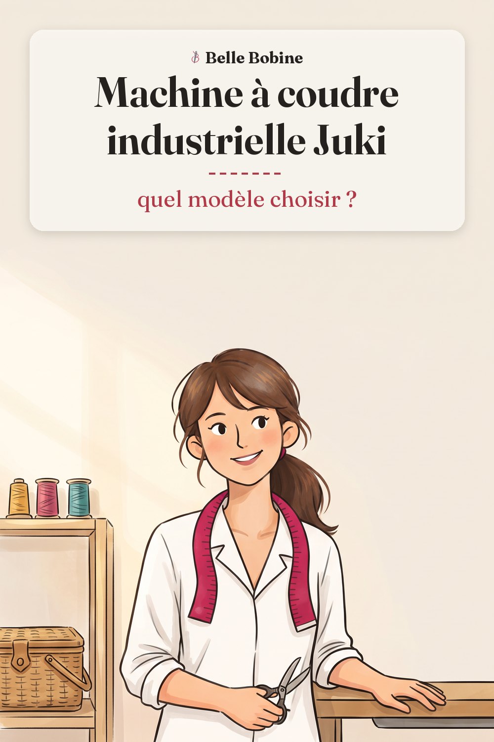 Colette debout à côté d'une machine à coudre industrielle sur sa table, moteur sous le plateau, avec le titre « Machine à coudre industrielle Juki : quel modèle choisir ? »