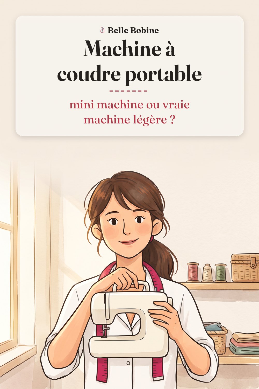 Colette tient par sa poignée une petite machine à coudre légère, grande comme un sac à main, avec le titre « Machine à coudre portable : mini machine ou vraie machine légère ? »