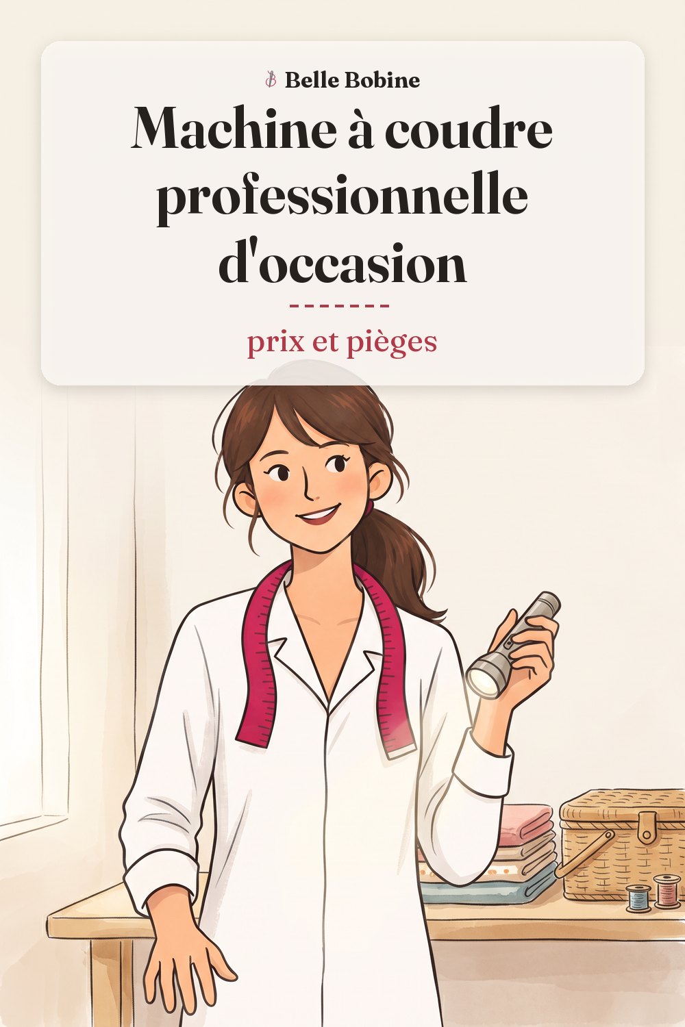 Colette examine à la lampe de poche une machine à coudre d'occasion, avec le titre « Machine à coudre professionnelle d'occasion : prix et pièges »