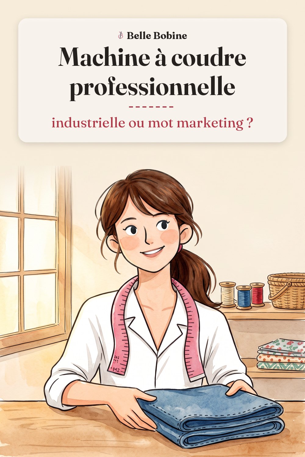 Colette tient un morceau de jean plié en quatre épaisseurs à côté d'une machine robuste, avec le titre « Machine à coudre professionnelle : industrielle ou mot marketing ? »