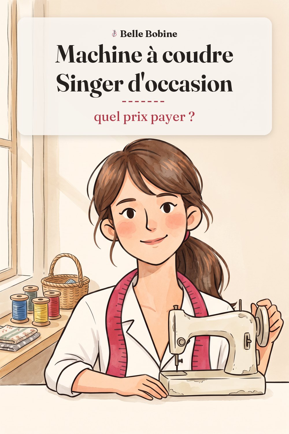 Colette pose la main sur le volant d'une machine à coudre d'occasion sur une table de vide-grenier, avec le titre « Machine à coudre Singer d'occasion : quel prix payer ? »