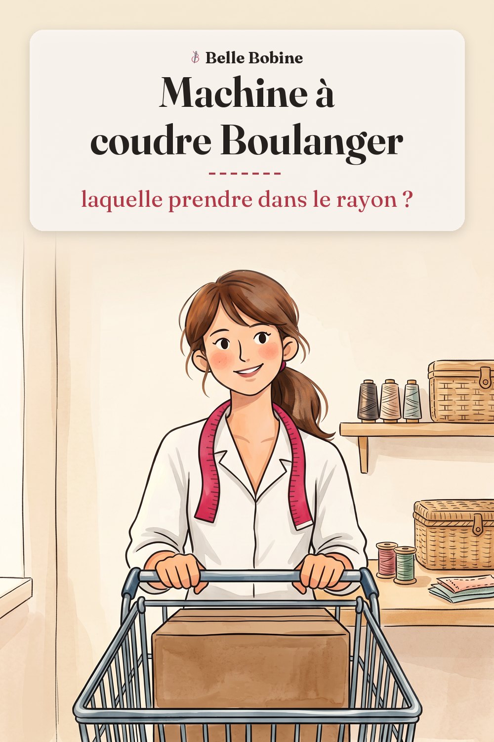 Colette pousse un chariot de magasin contenant le carton d'une machine à coudre, avec le titre « Machine à coudre Boulanger : laquelle prendre dans le rayon ? »
