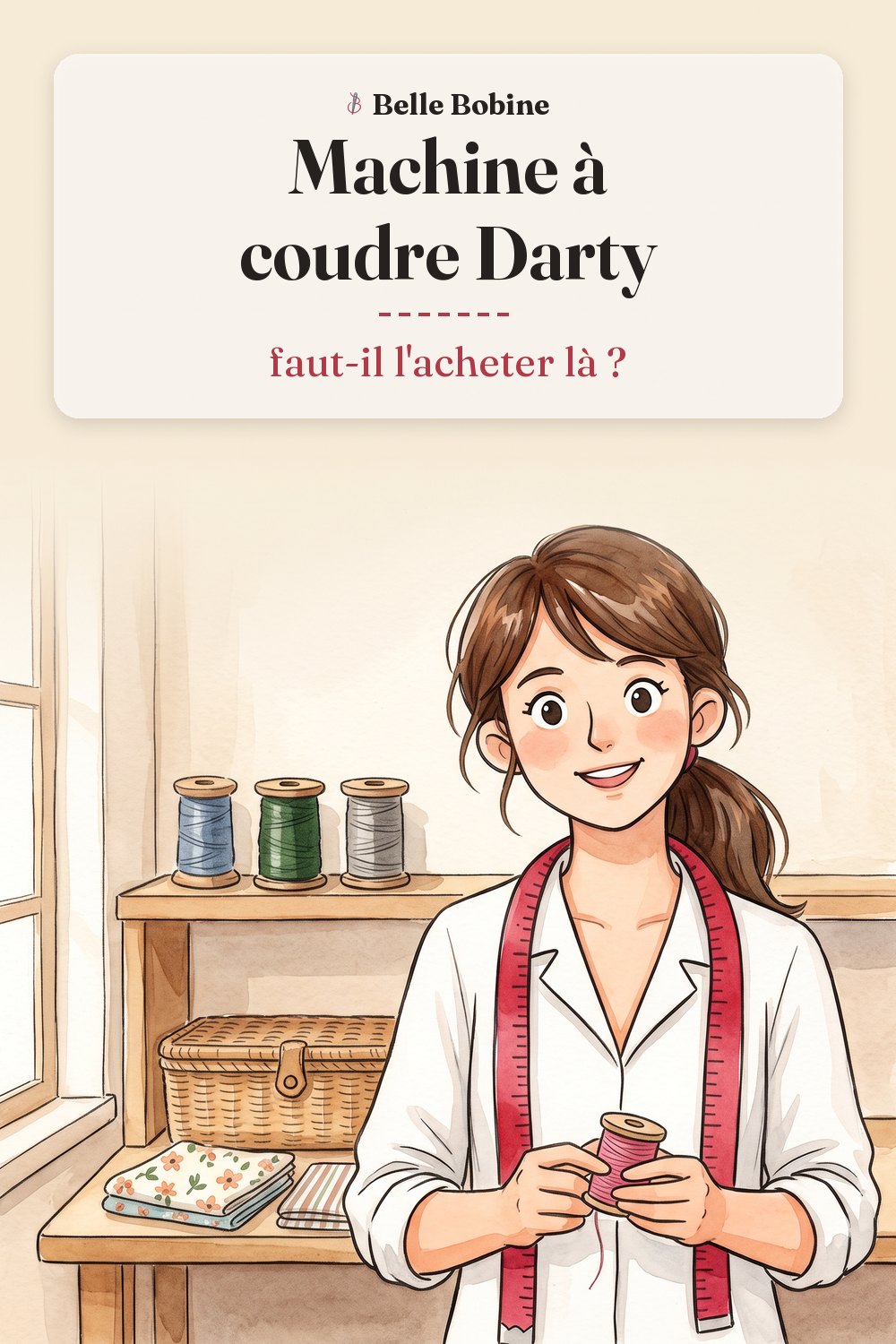 Colette debout à côté d'un présentoir de magasin où des machines à coudre sont exposées, avec le titre « Machine à coudre Darty : faut-il l'acheter là ? »