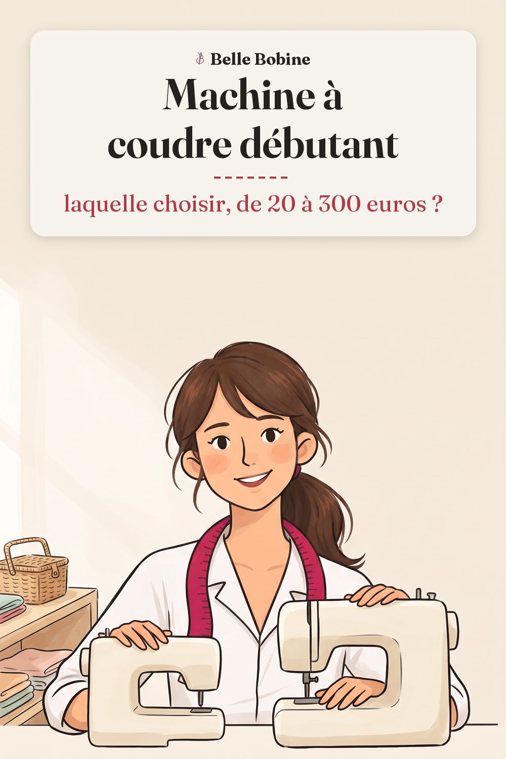 Colette pose une main sur chacune de deux machines à coudre, une petite et une moyenne, avec le titre « Machine à coudre débutant : laquelle choisir, de 20 à 300 euros ? »
