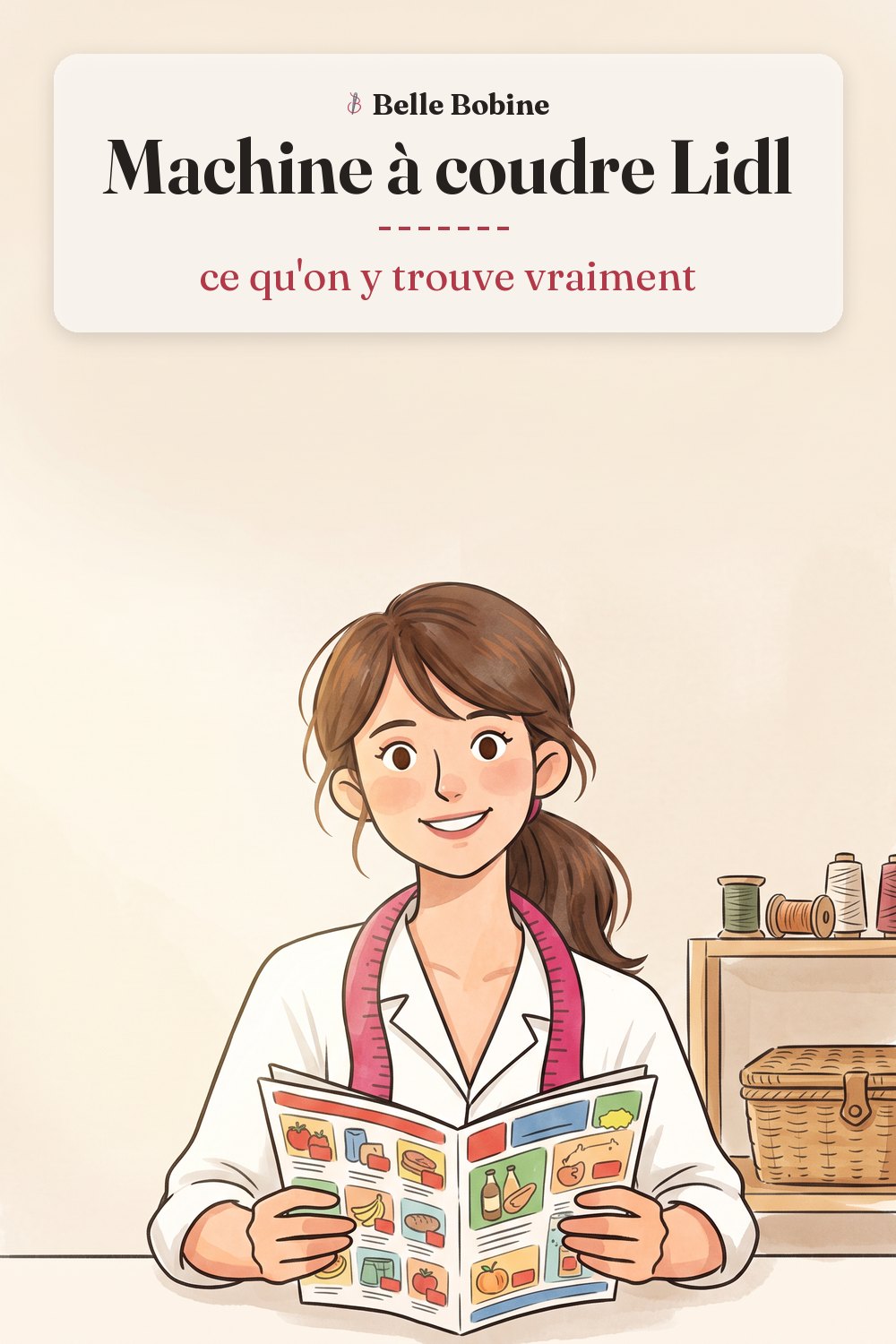 Colette feuillette un prospectus de supermarché à côté d'une machine à coudre, avec le titre « Machine à coudre Lidl : ce qu'on y trouve vraiment »
