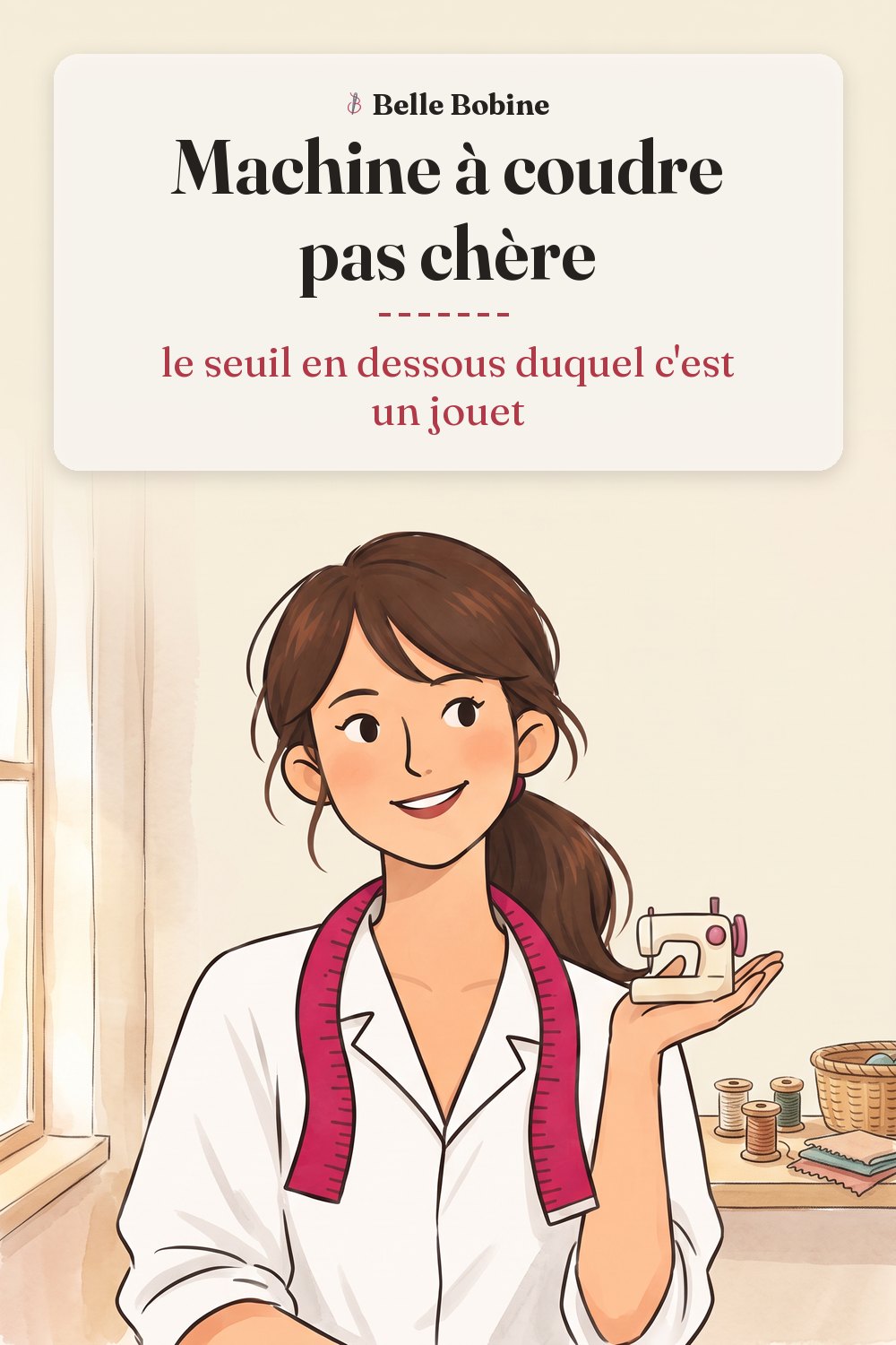 Colette, amusée, tient dans sa paume une minuscule machine à coudre jouet en plastique rose, avec le titre « Machine à coudre pas chère : le seuil en dessous duquel c'est un jouet »
