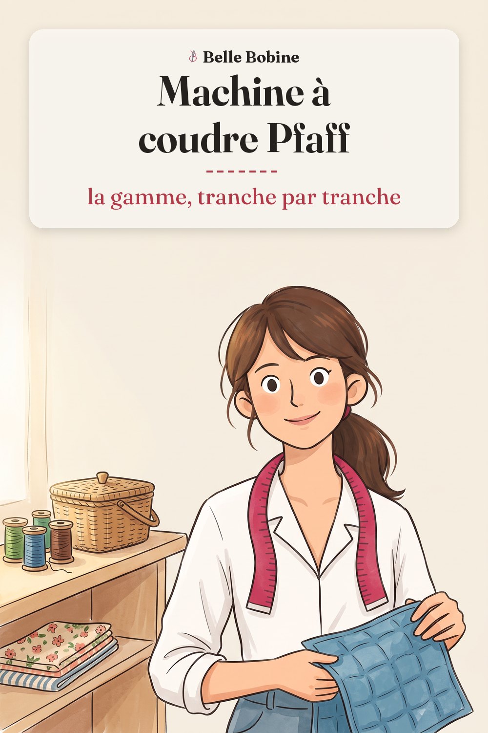 Colette pose la main sur un tissu matelassé posé sur la table d'extension d'une grande machine, avec le titre « Machine à coudre Pfaff : la gamme, tranche par tranche »