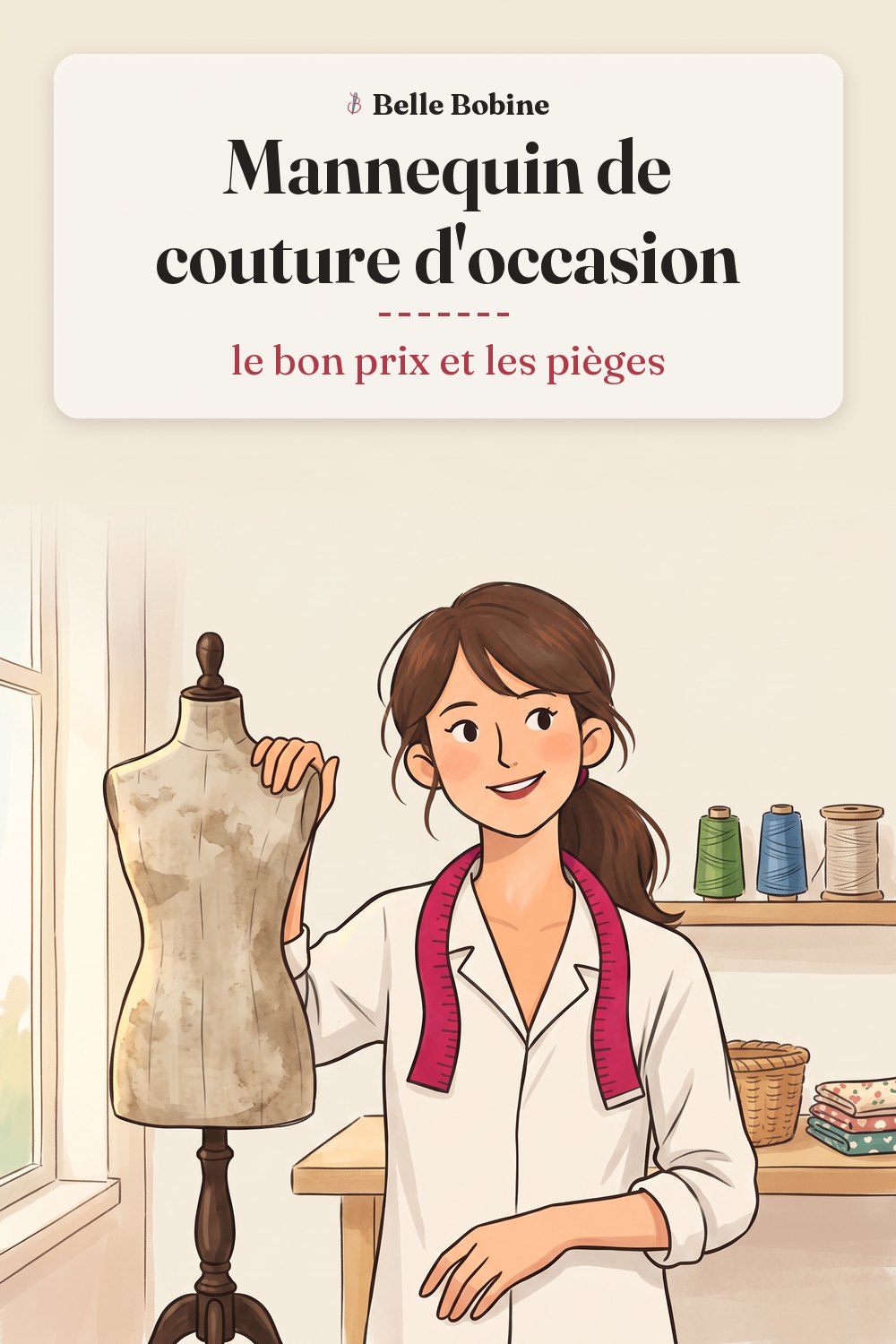 Colette debout à côté d'un mannequin de couture ancien en lin usé sur un pied en bois sombre, avec le titre « Mannequin de couture d'occasion : le bon prix et les pièges »