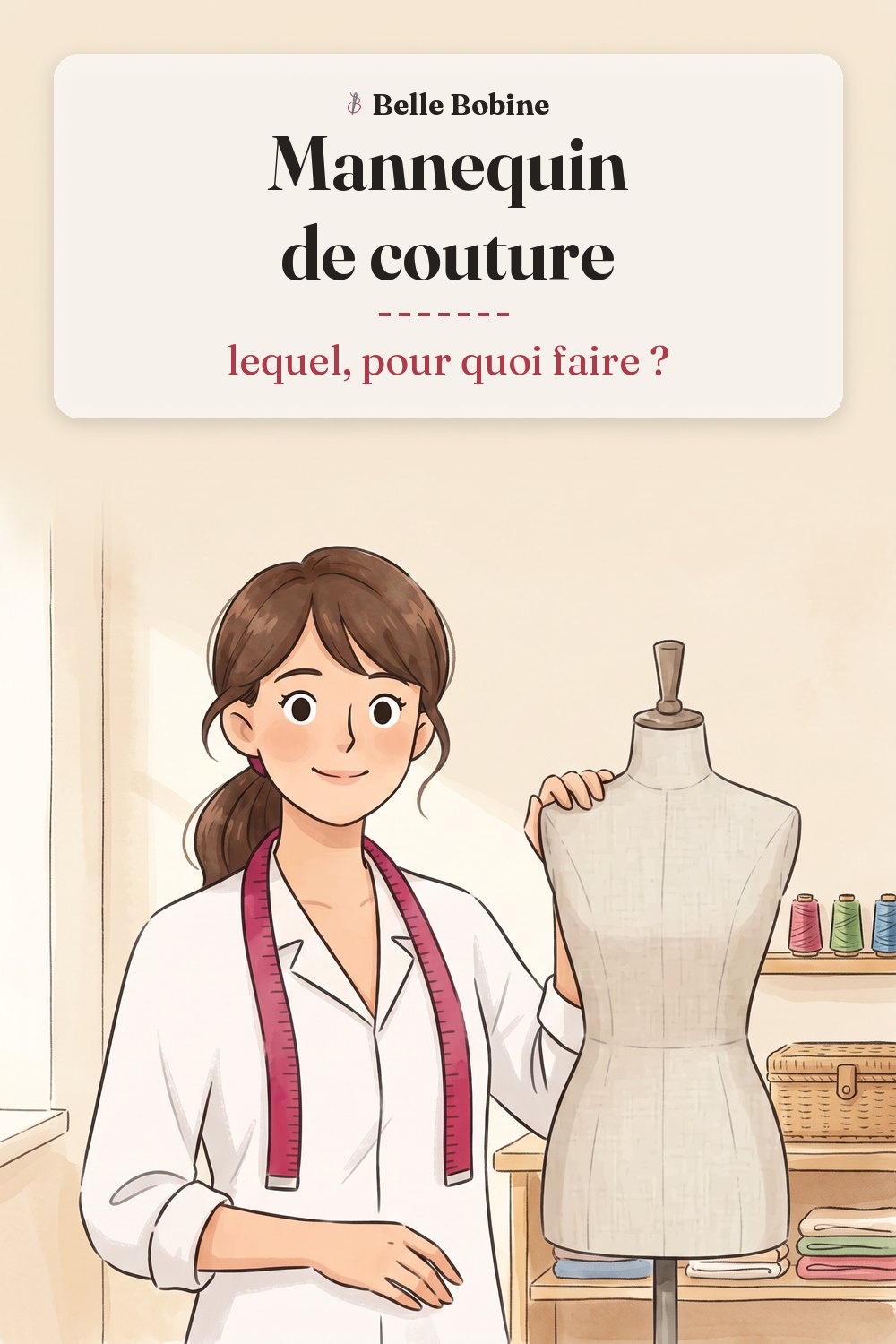 Colette debout à côté d'un mannequin de couture en tissu lin, avec le titre « Mannequin de couture : lequel, pour quoi faire ? »
